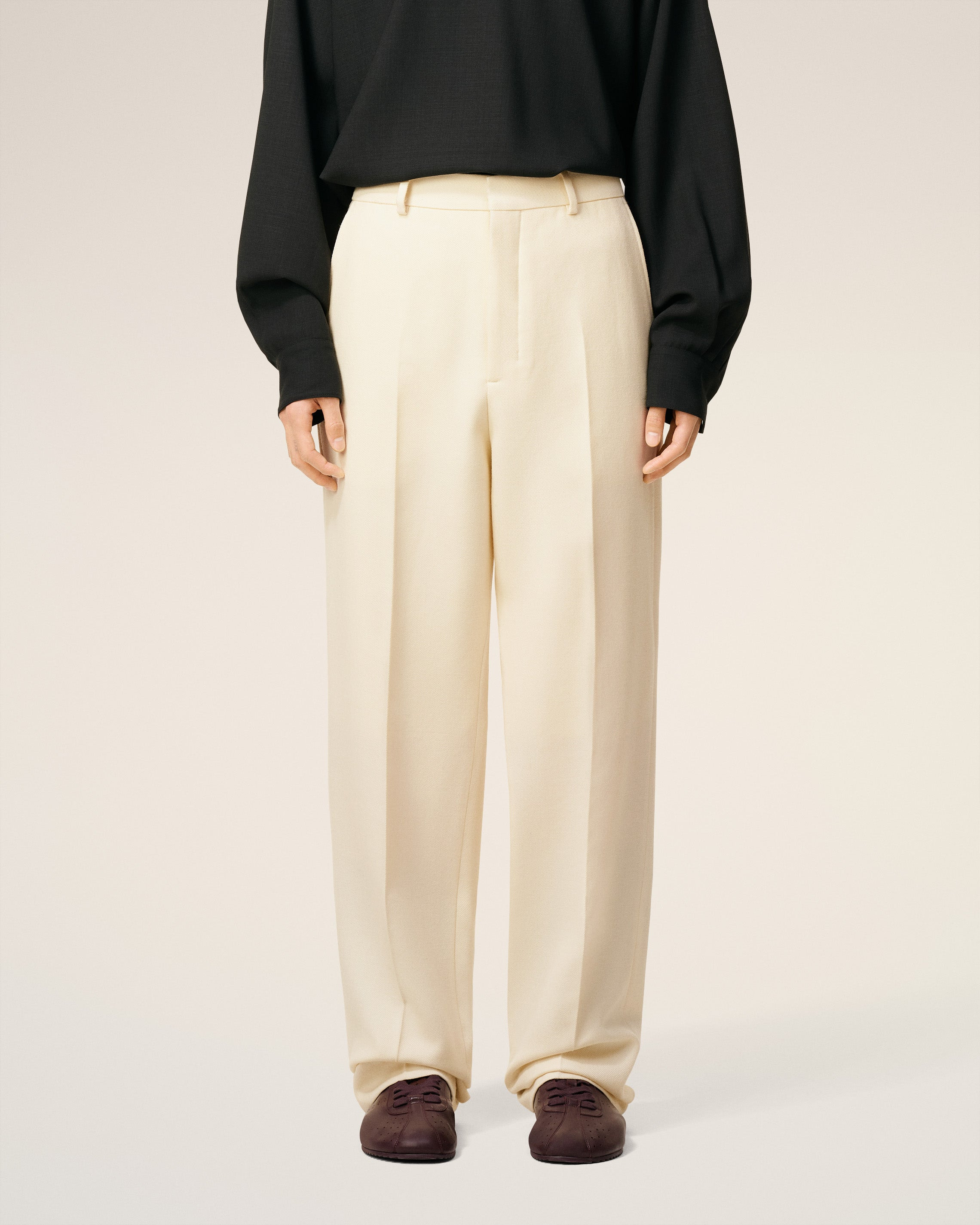 WHITE WOOL WIDE TROUSERS - 3