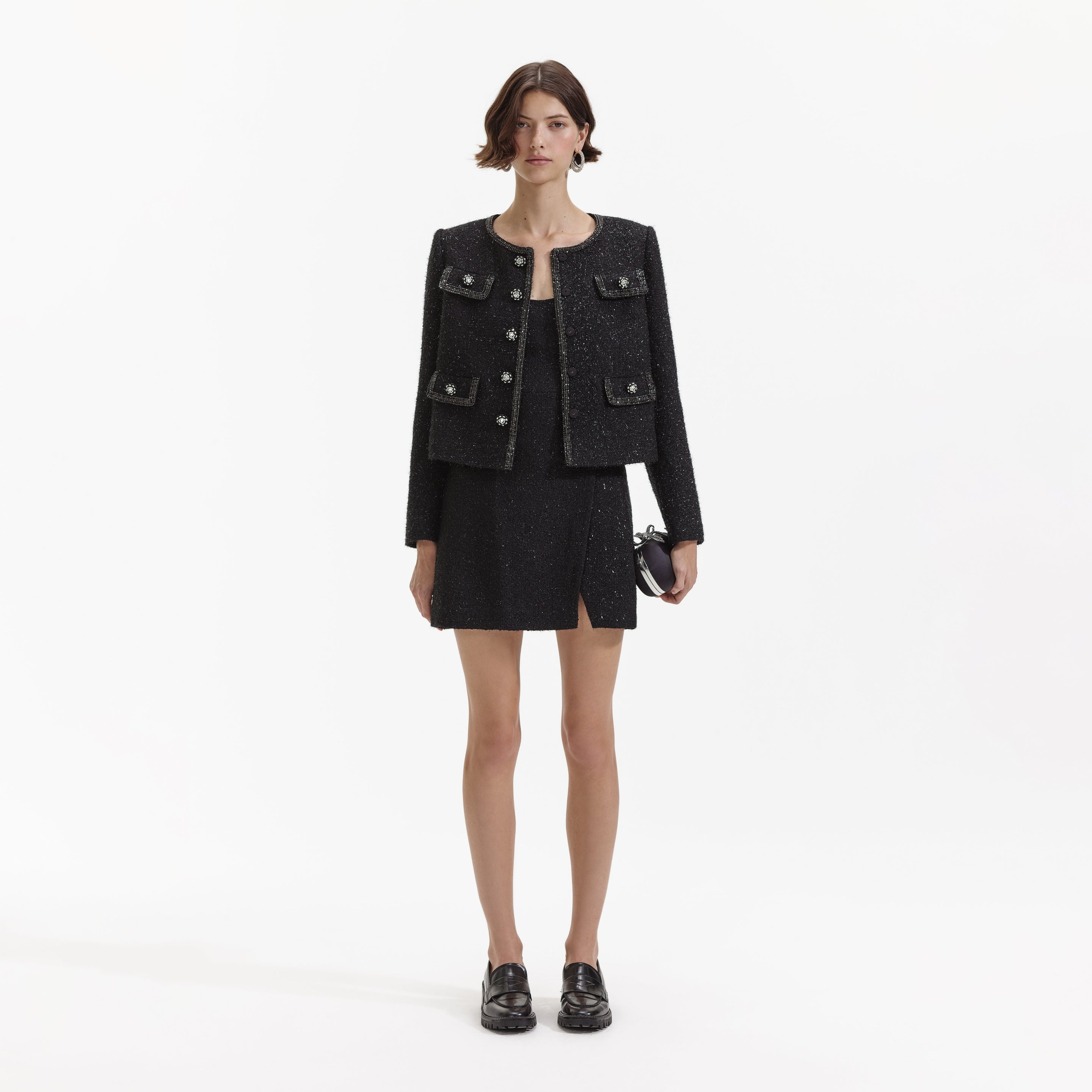 Black Boucle Trimmed Jacket - 2