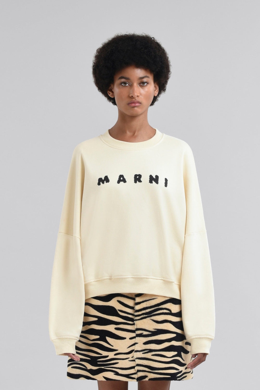 Ivory Cotton Crewneck T-Shirt with Printed Marni Logo - 2