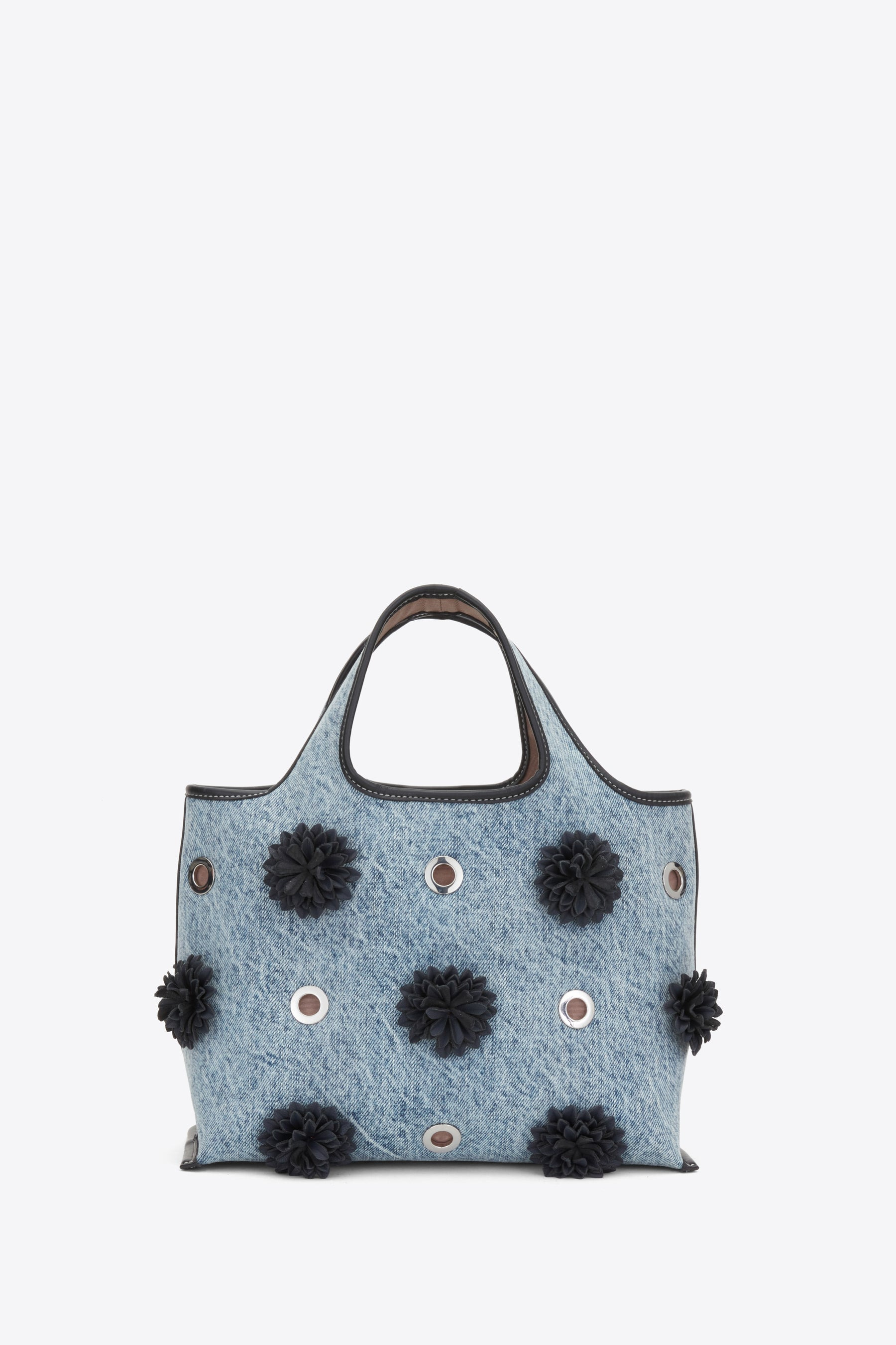 Denim Mini Market Tote with Leather Flowers - 3