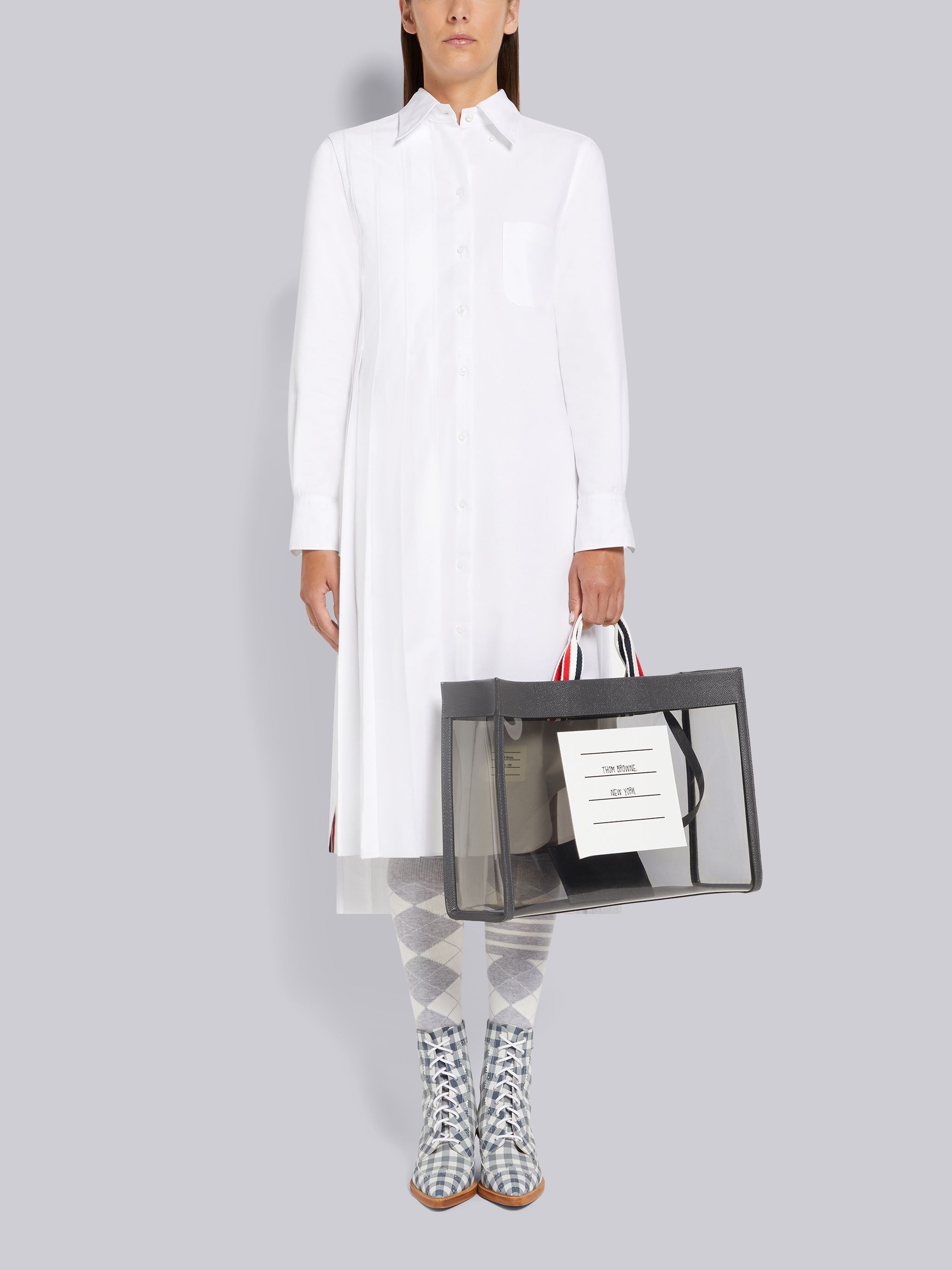 White Oxford Half Pleated Below the Knee Shirtdress - 4