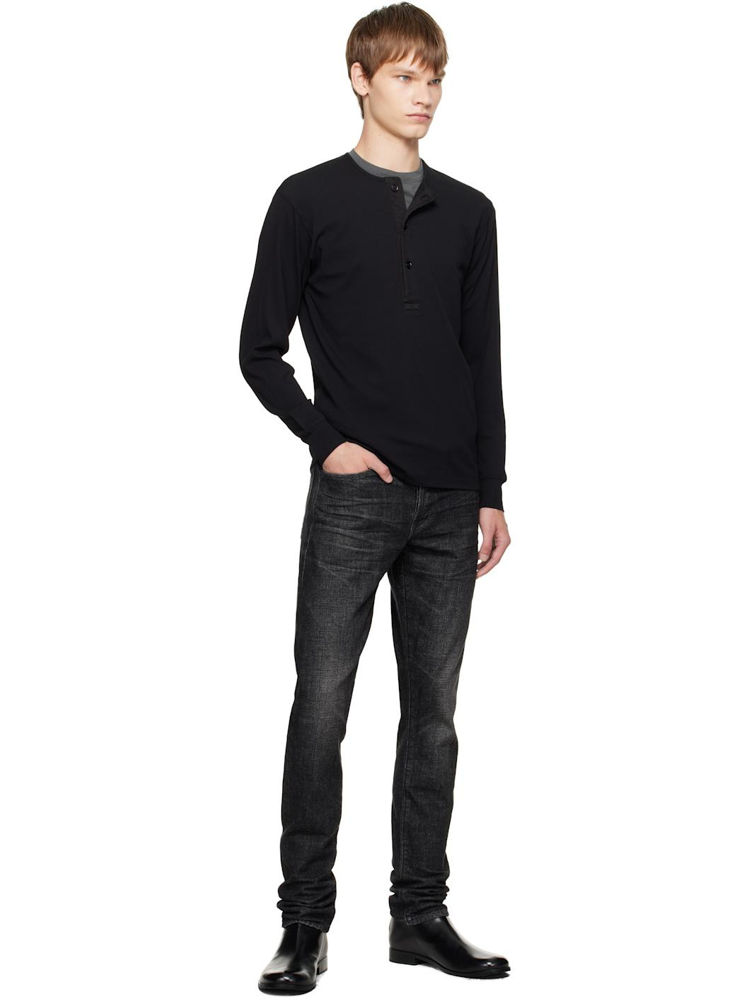 Black Cotton Stretch Rib Henley - 4