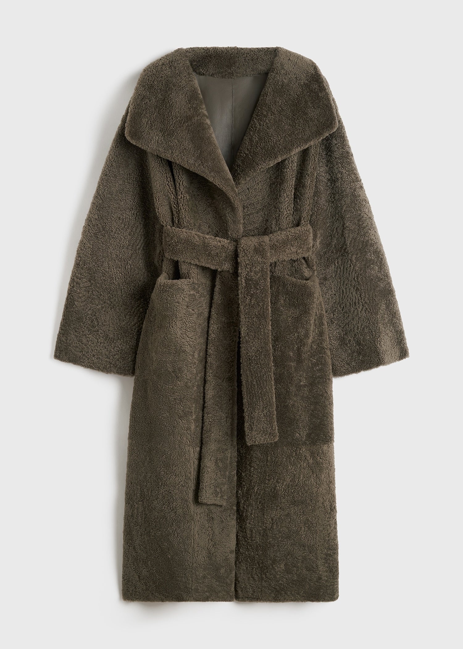 Belted teddy shearling coat cement green - 1