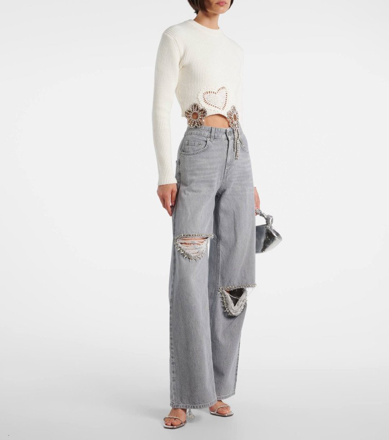 AREA Distressed embellished wide-leg jeans outlook