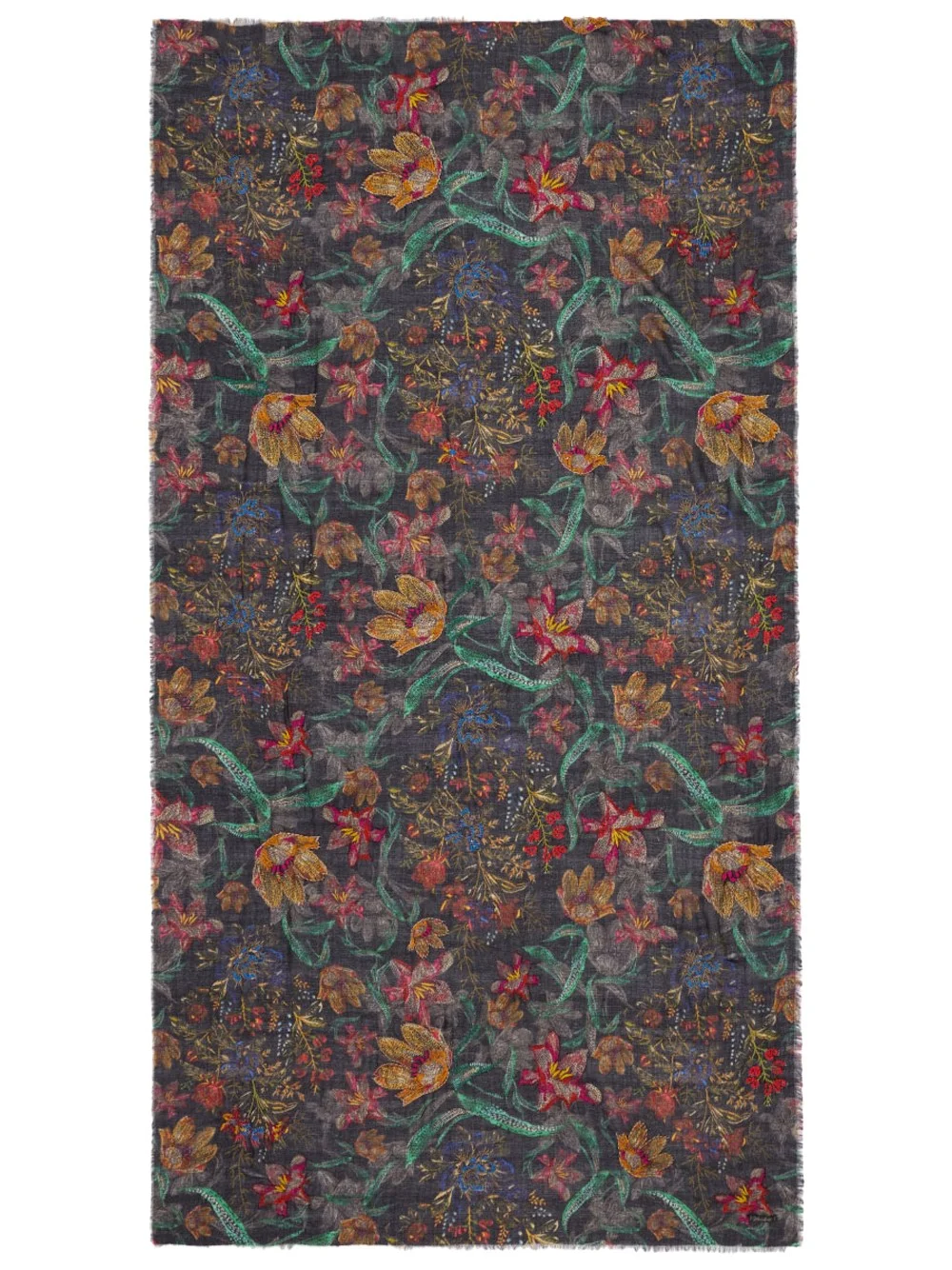 BLACK FLOWERS WOOL STOLE WITH FLORAL DESIGN - 1