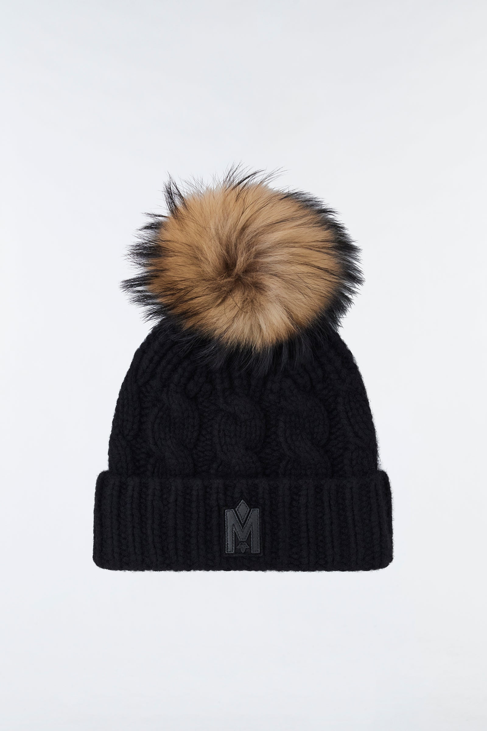 NINA cashmere cable knit toque with blue fox fur pompom - 3