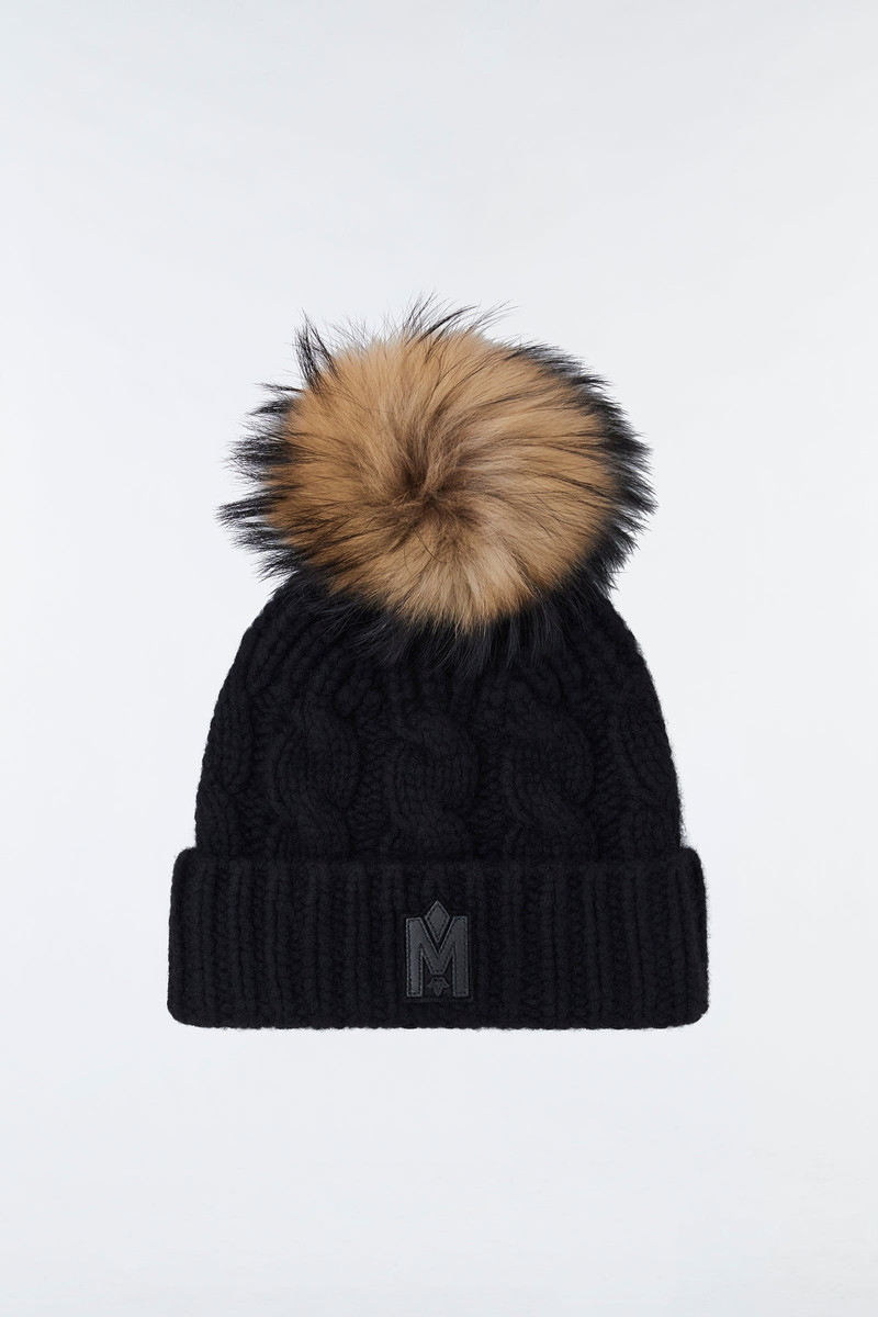 NINA cashmere cable knit toque with blue fox fur pompom 3