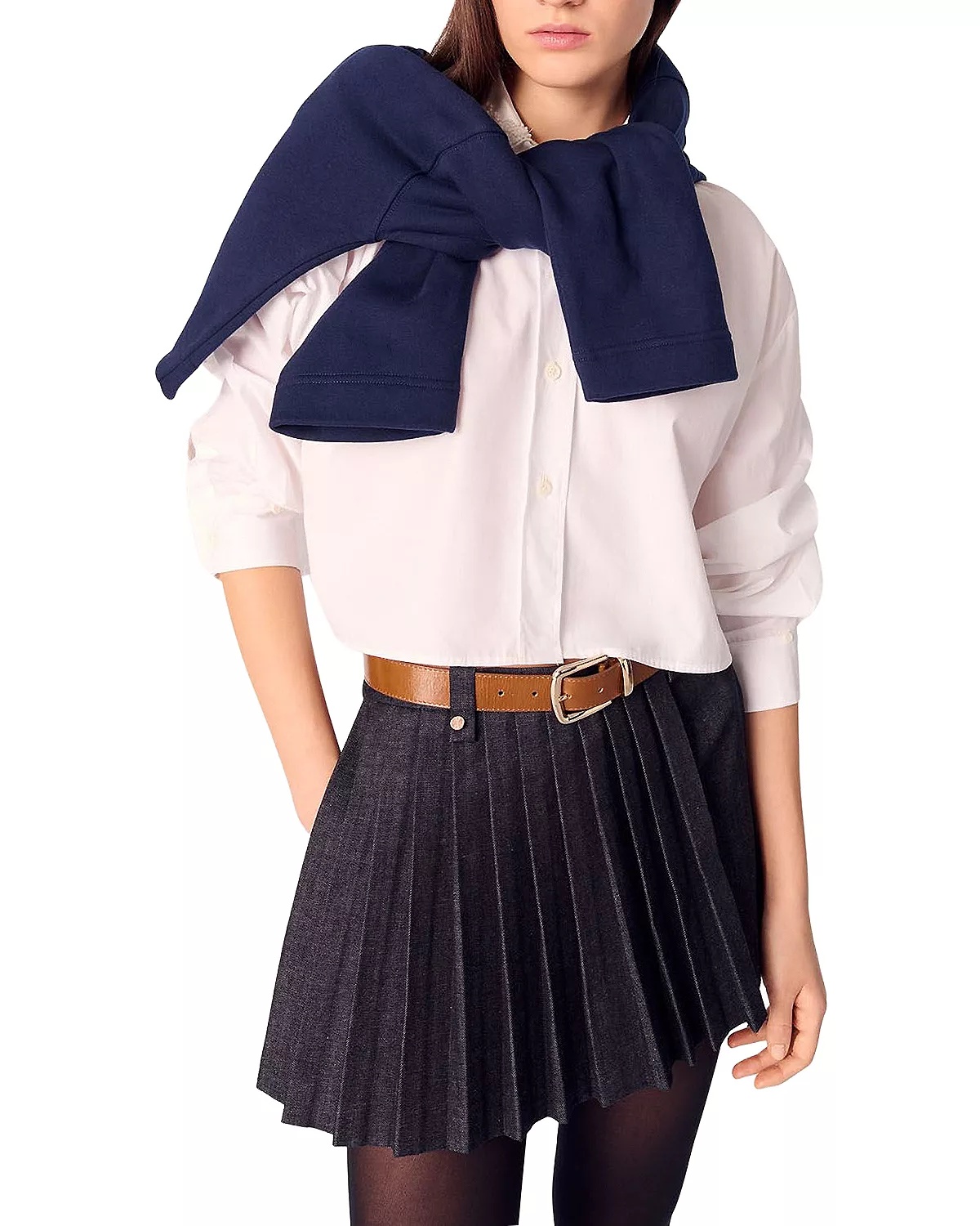 Layered Effect Pleated Denim Shorts - 6