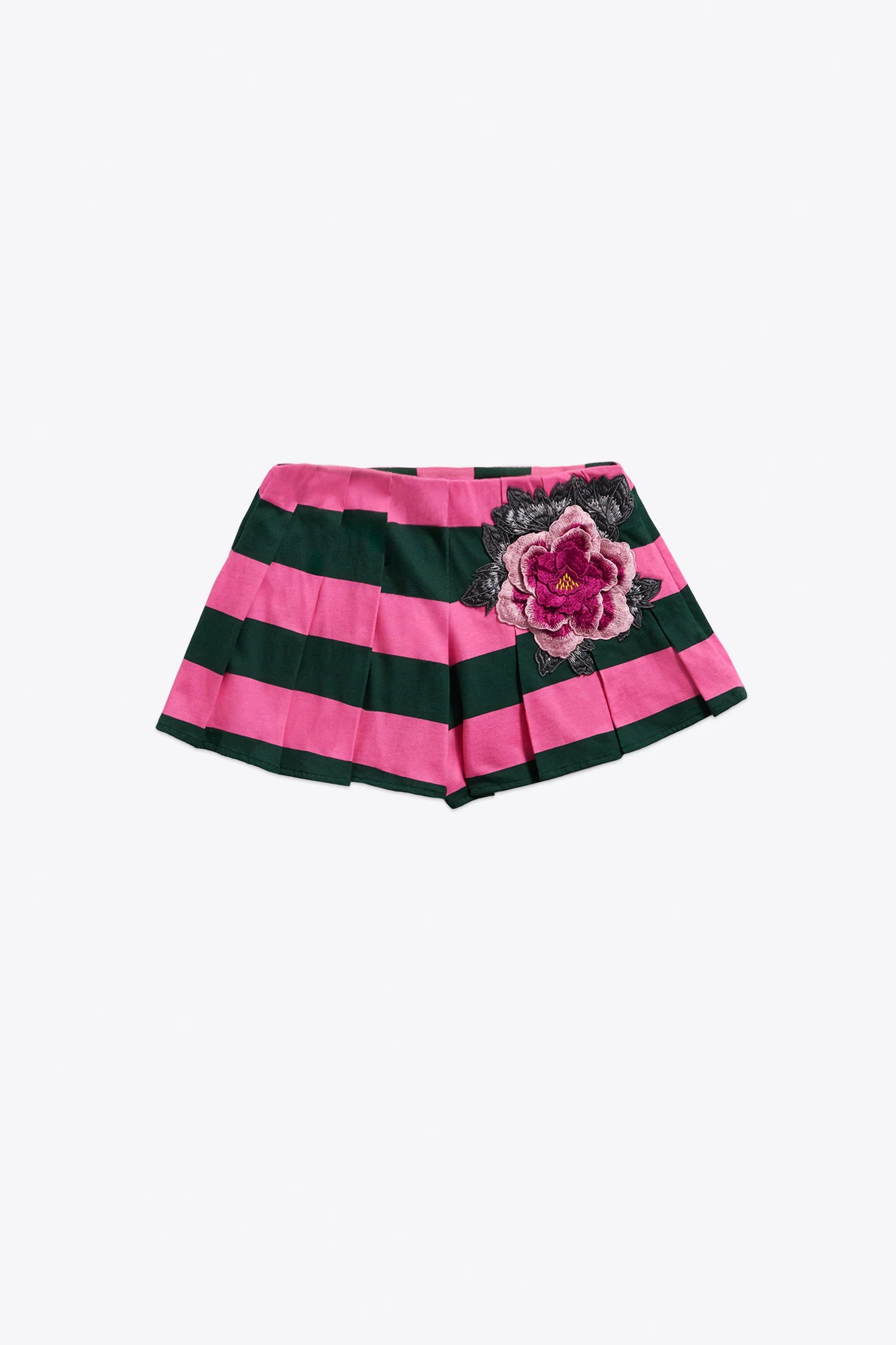EMBROIDERED FLOWER RUGBY STRIPE PLEATED SHORT - 1