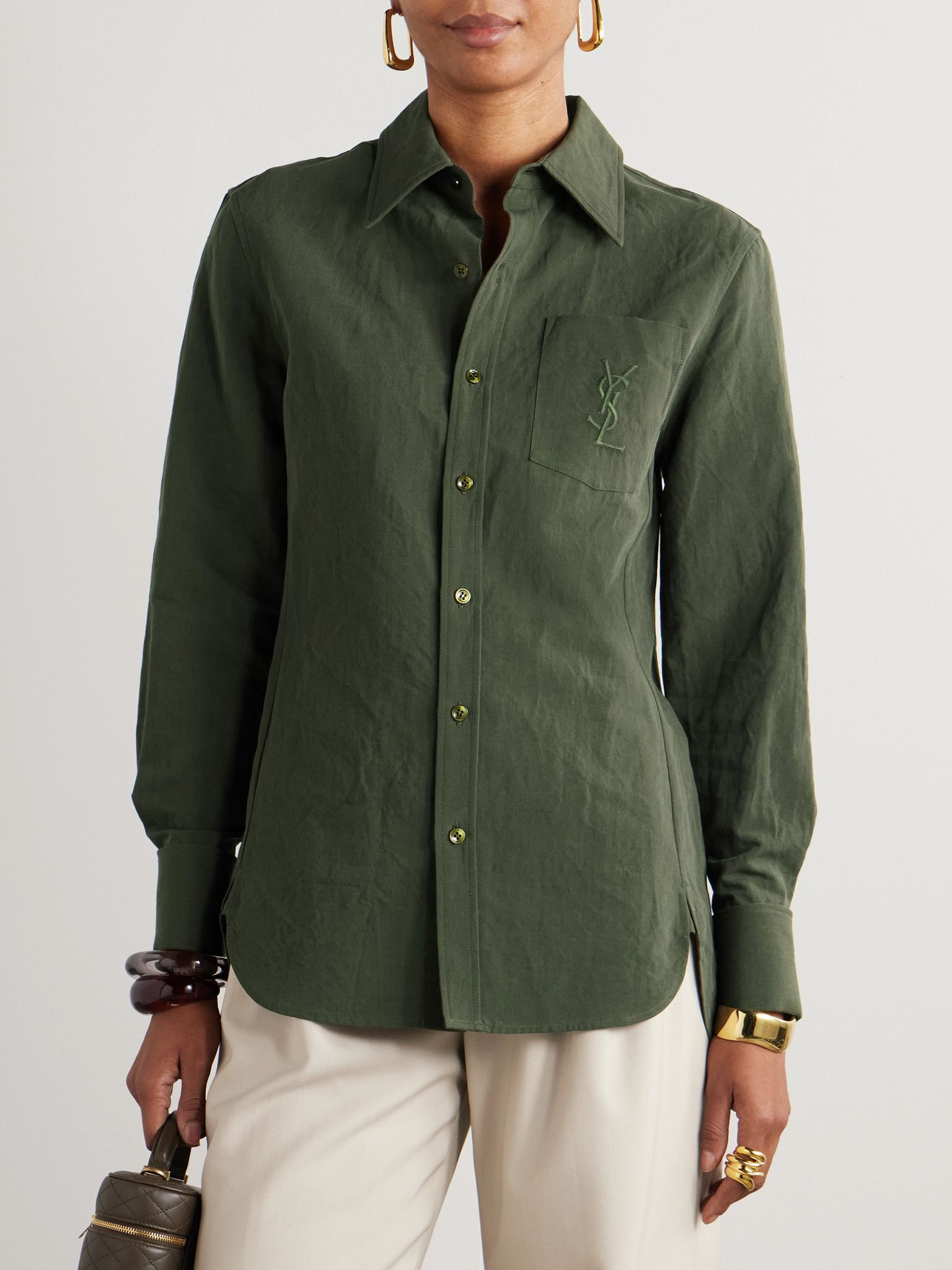 Embroidered cotton and linen-blend shirt Green - 3