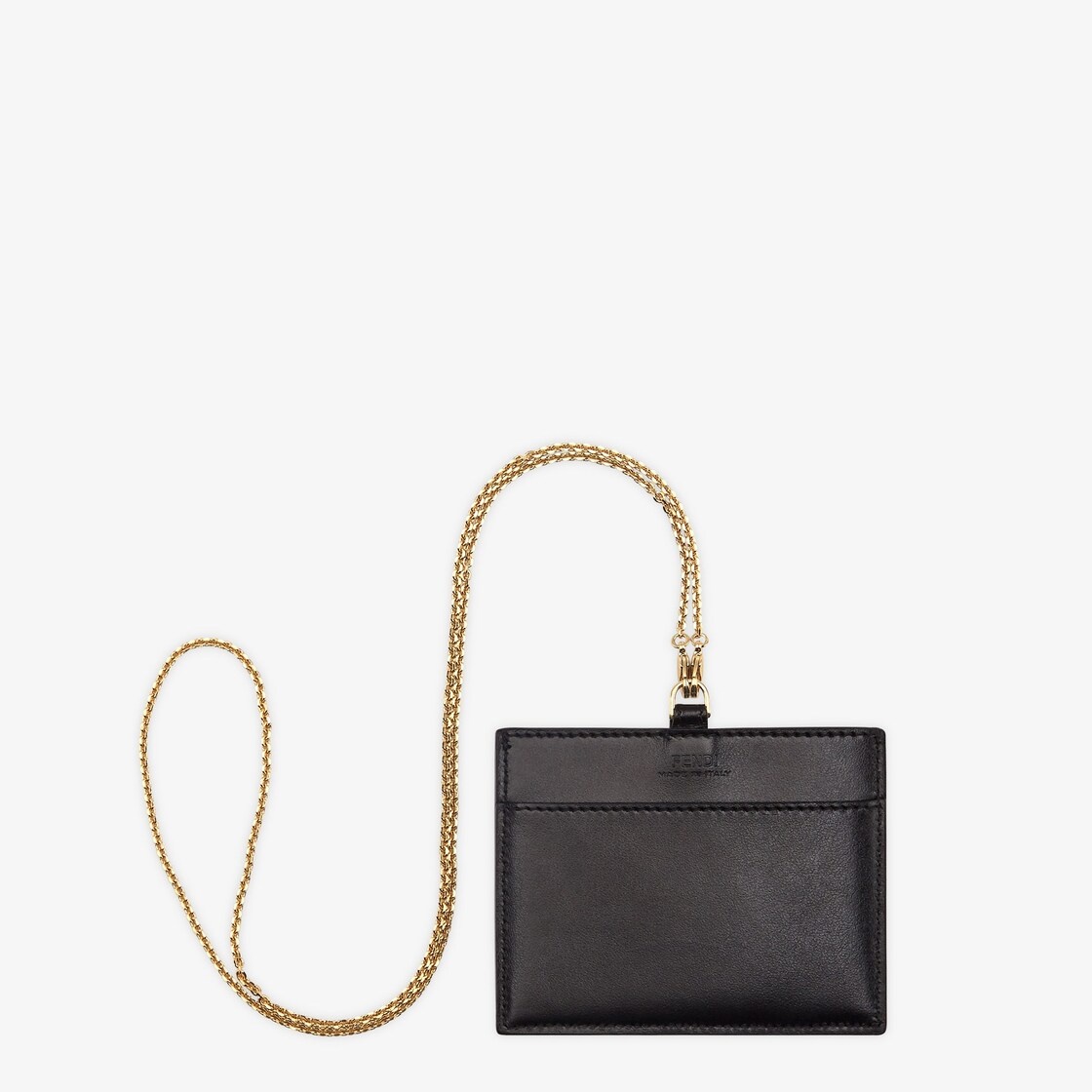 Fendi Roma name badge with a flat pocket and metal chain. Made of black leather. Gold-finish metalwa - 2