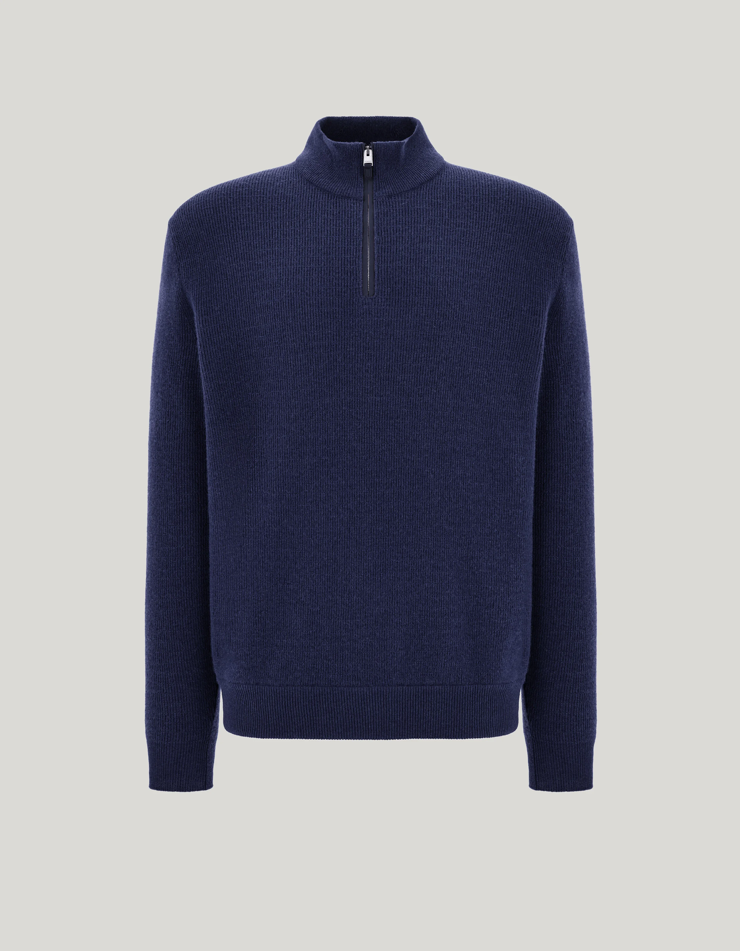 NAVY BLUE WOOL AND CASHMERE ZIPPERED MOCK NECK SWEATER WITH NUBUCK INSERTS - 1