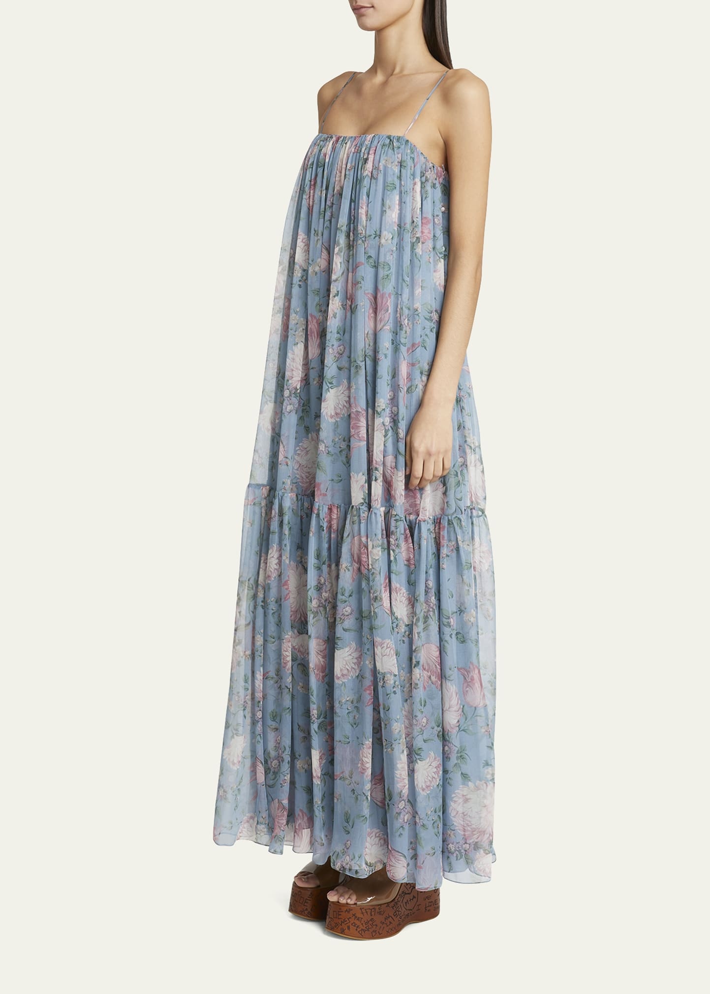 Long Floral Print Tiered Silk Dress - 4