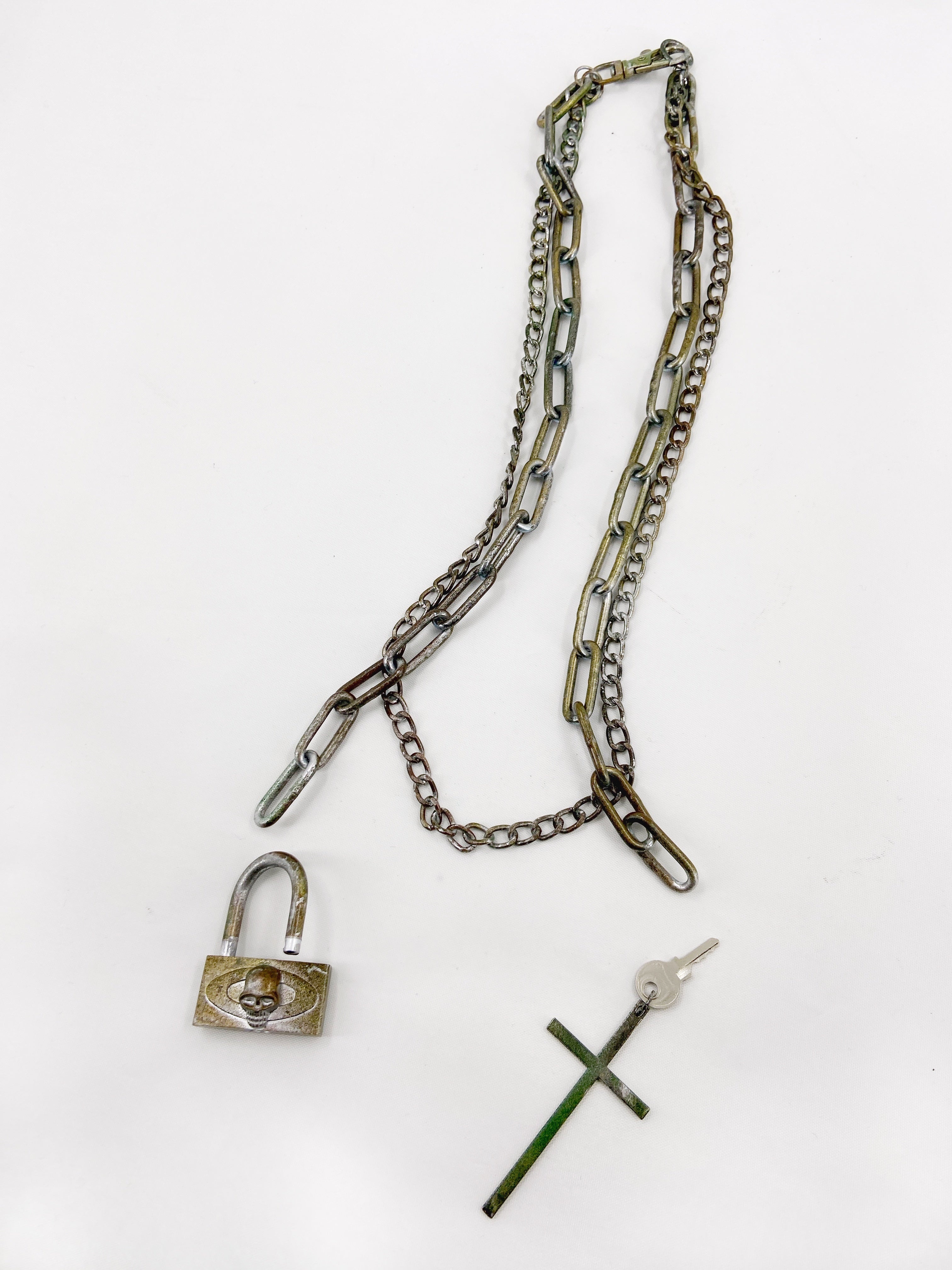 Jean Paul Gaultier 90s Sample Skull Lock Key Cross Double Chain Necklace - 12