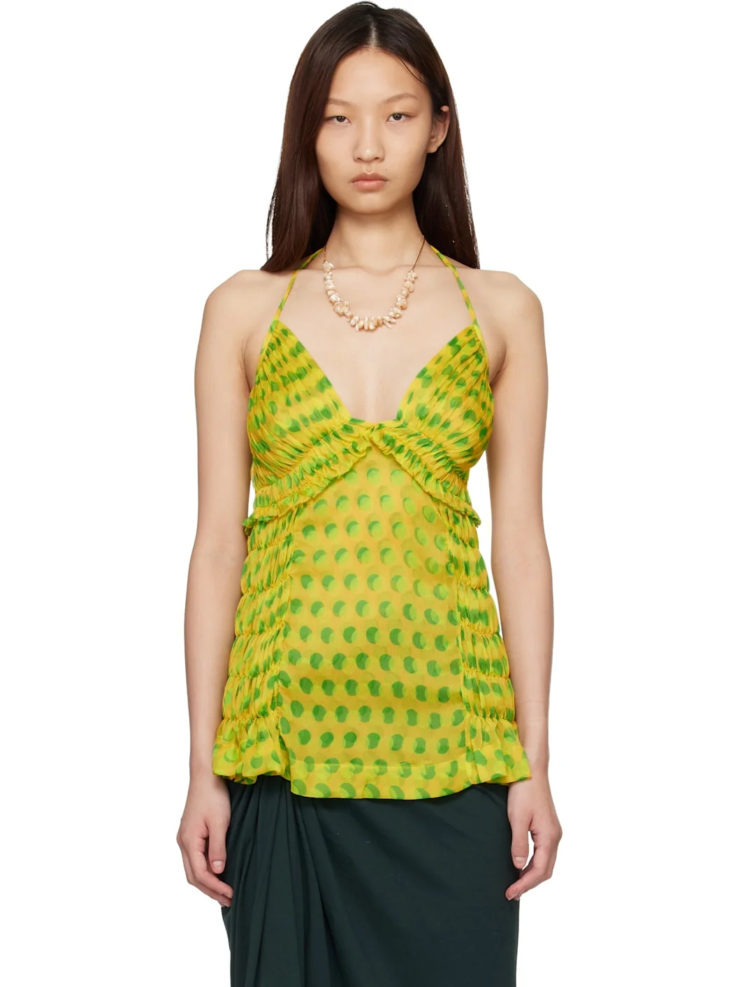 Yello & Green Optical Polka Dot Silk Halter Top - 1