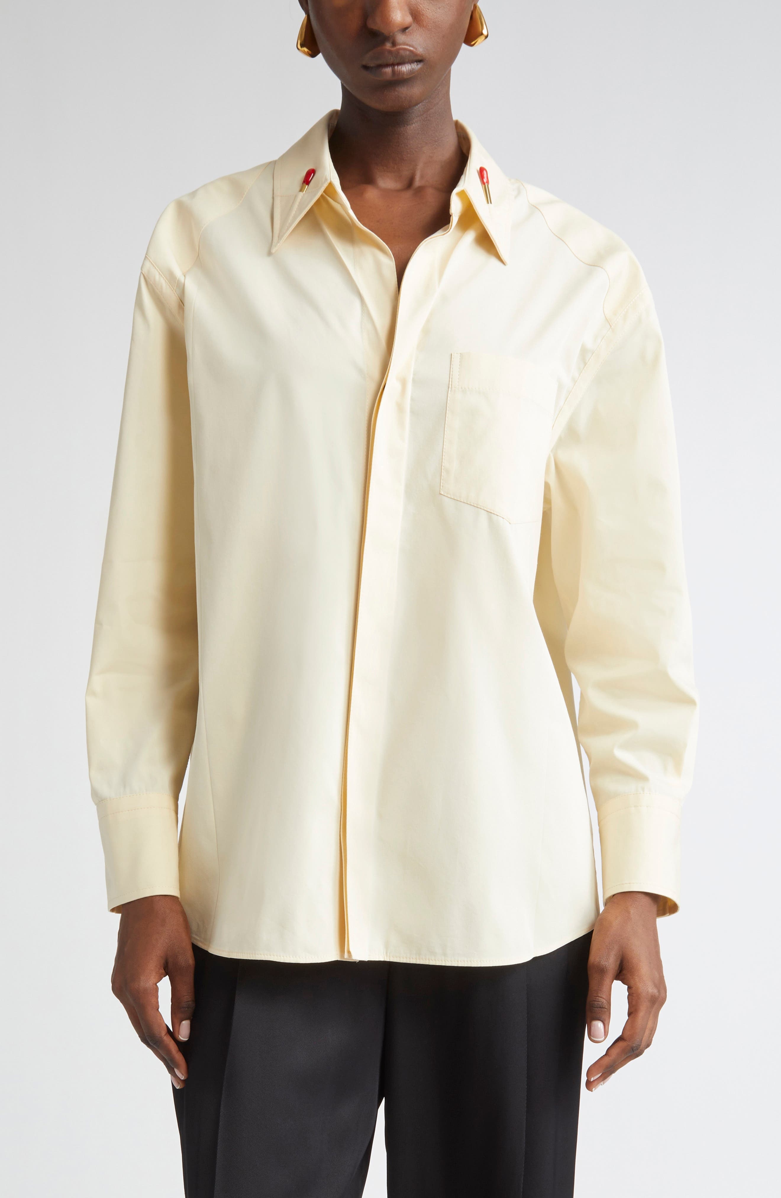 Bottega Veneta Match Detail Cotton & Silk Button-Up Shirt in 7098 Parchment at Nordstrom - 1
