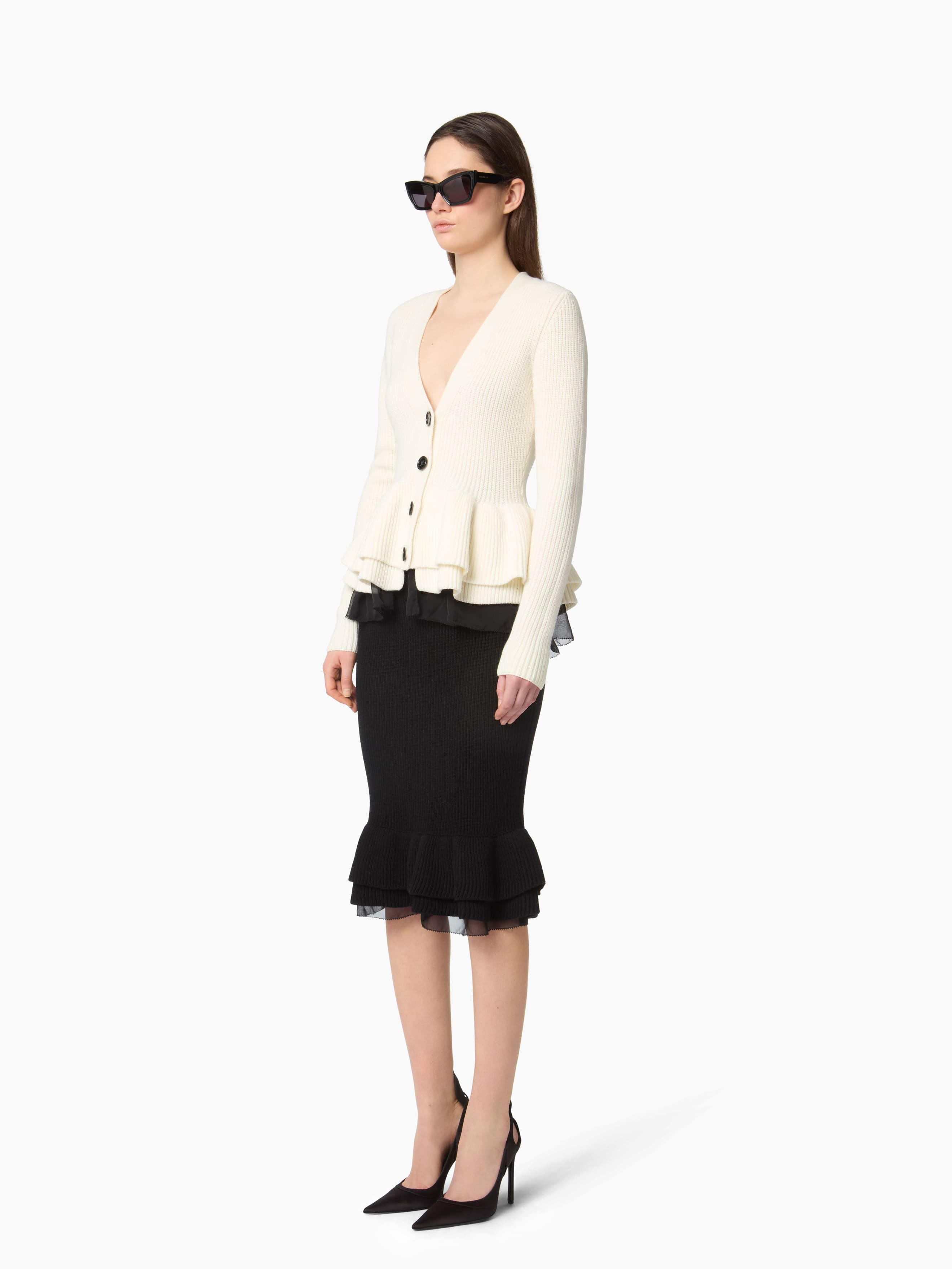 Wool Cardigan With Contrast Ruffles - 2