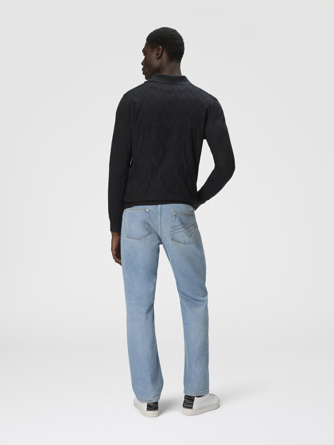 Long-sleeved polo shirt in 3D chevron cotton and silk - 3