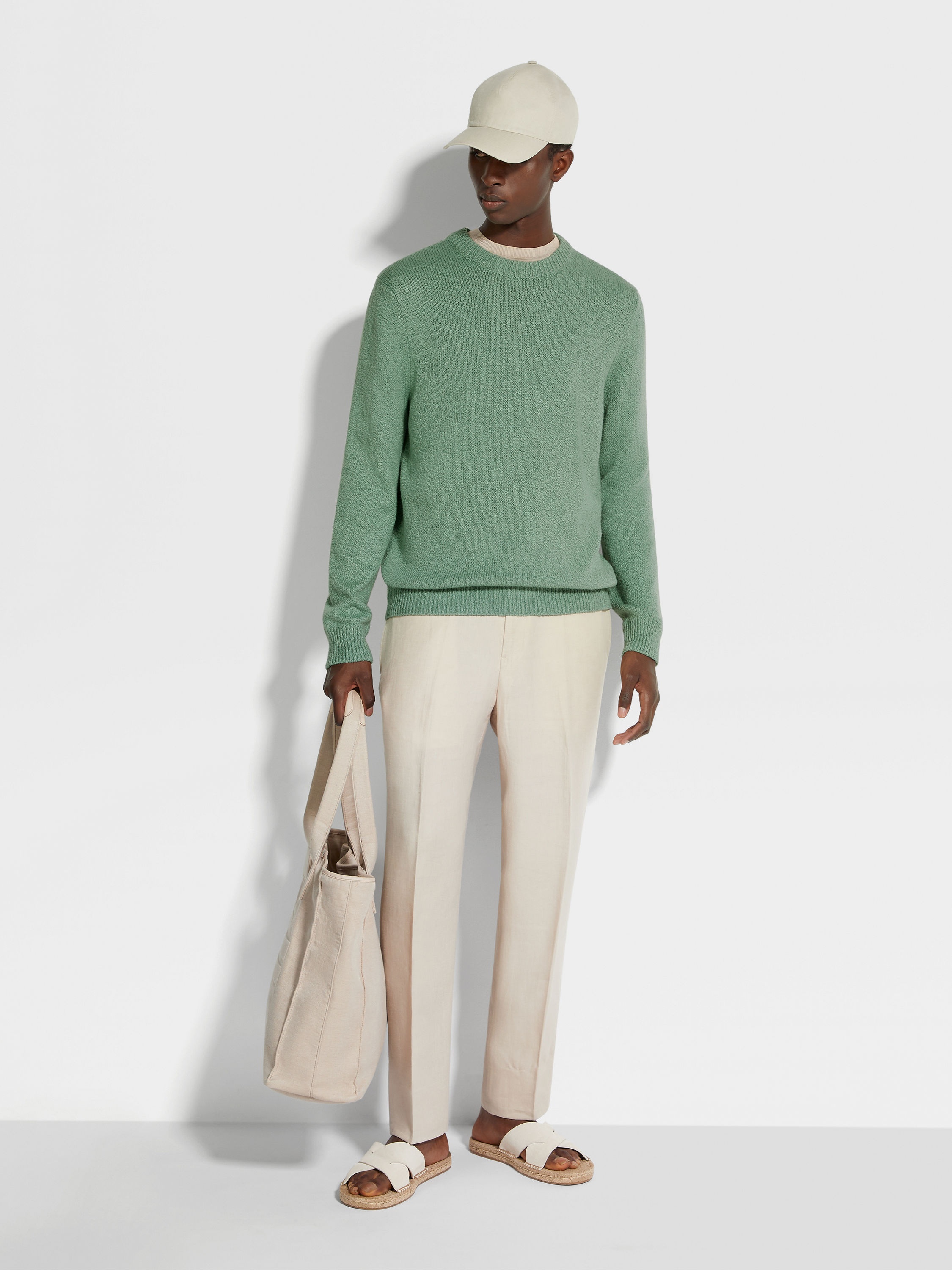 SAGE GREEN COTTON AND SILK CREWNECK - 3