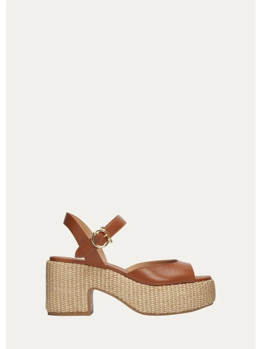 90mm Nerea Raffia Leather Platform Sandals - 1