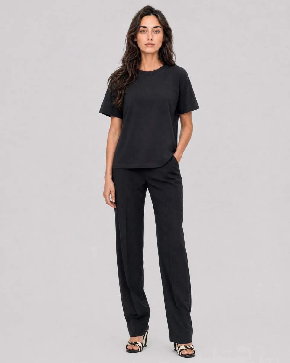 ROUND-NECK T-SHIRT IN BLACK COTTON - 1