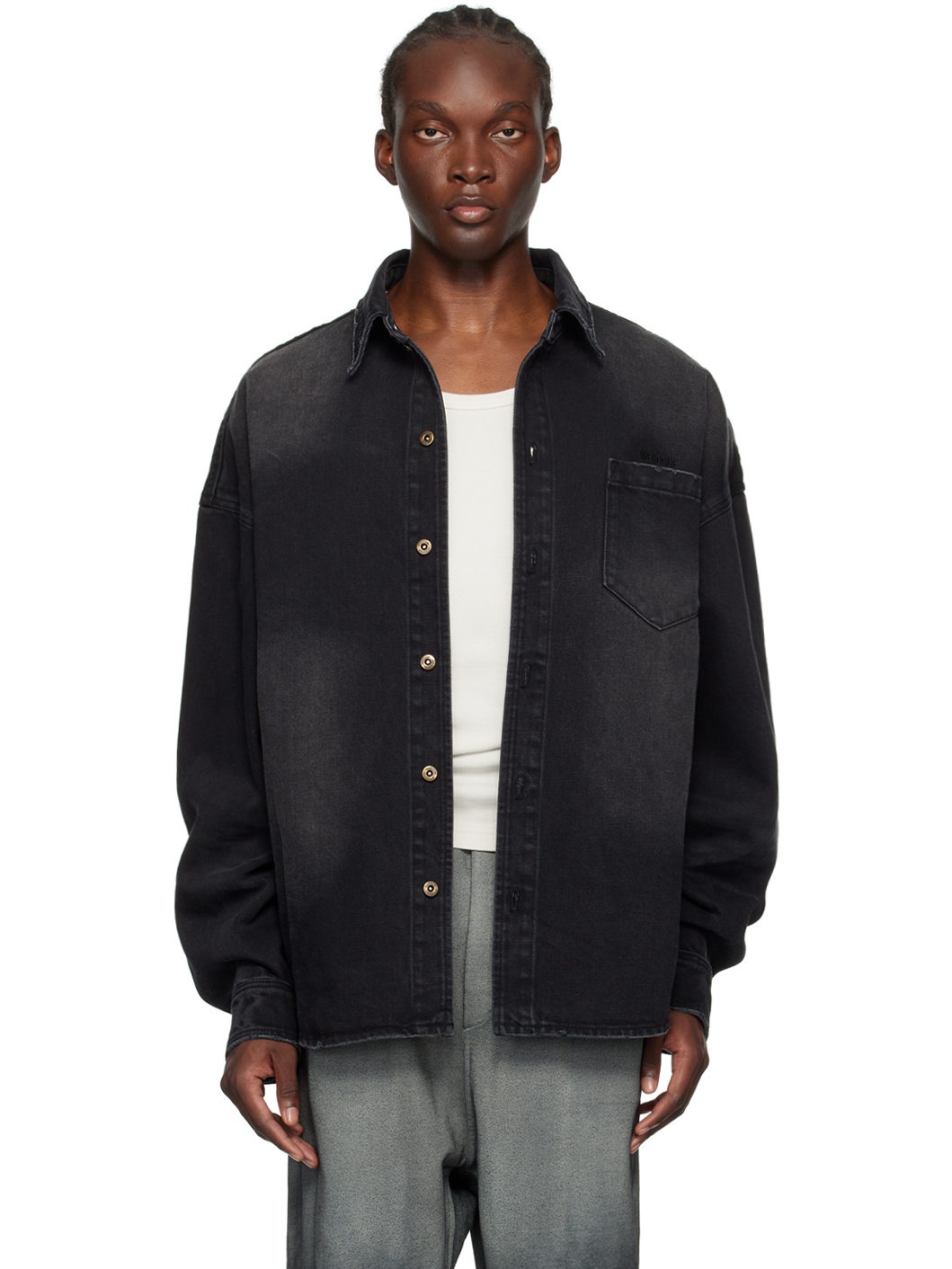 Black Distressed Denim Shirt - 1