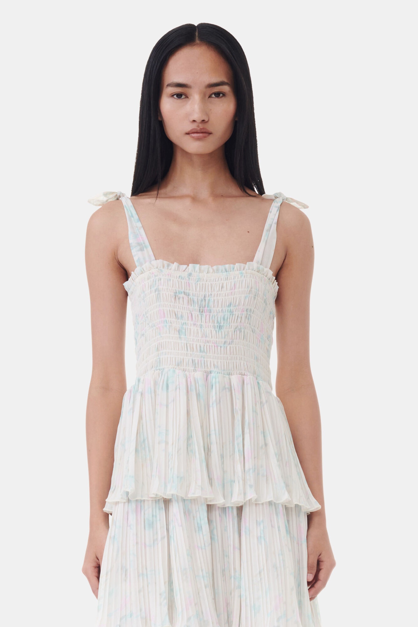 FLORAL PRINTED PLEATED GEORGETTE STRAP SMOCK MIDI DRESS - 3