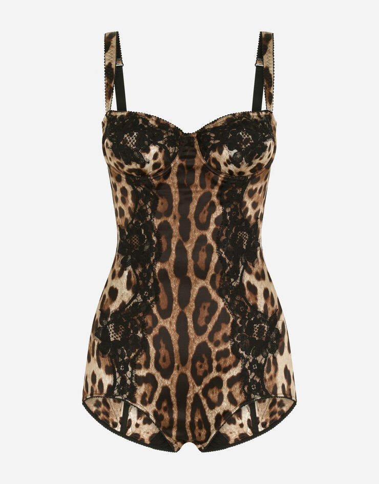 Silk balconette lingerie bodysuit with leopard-print lace details - 1