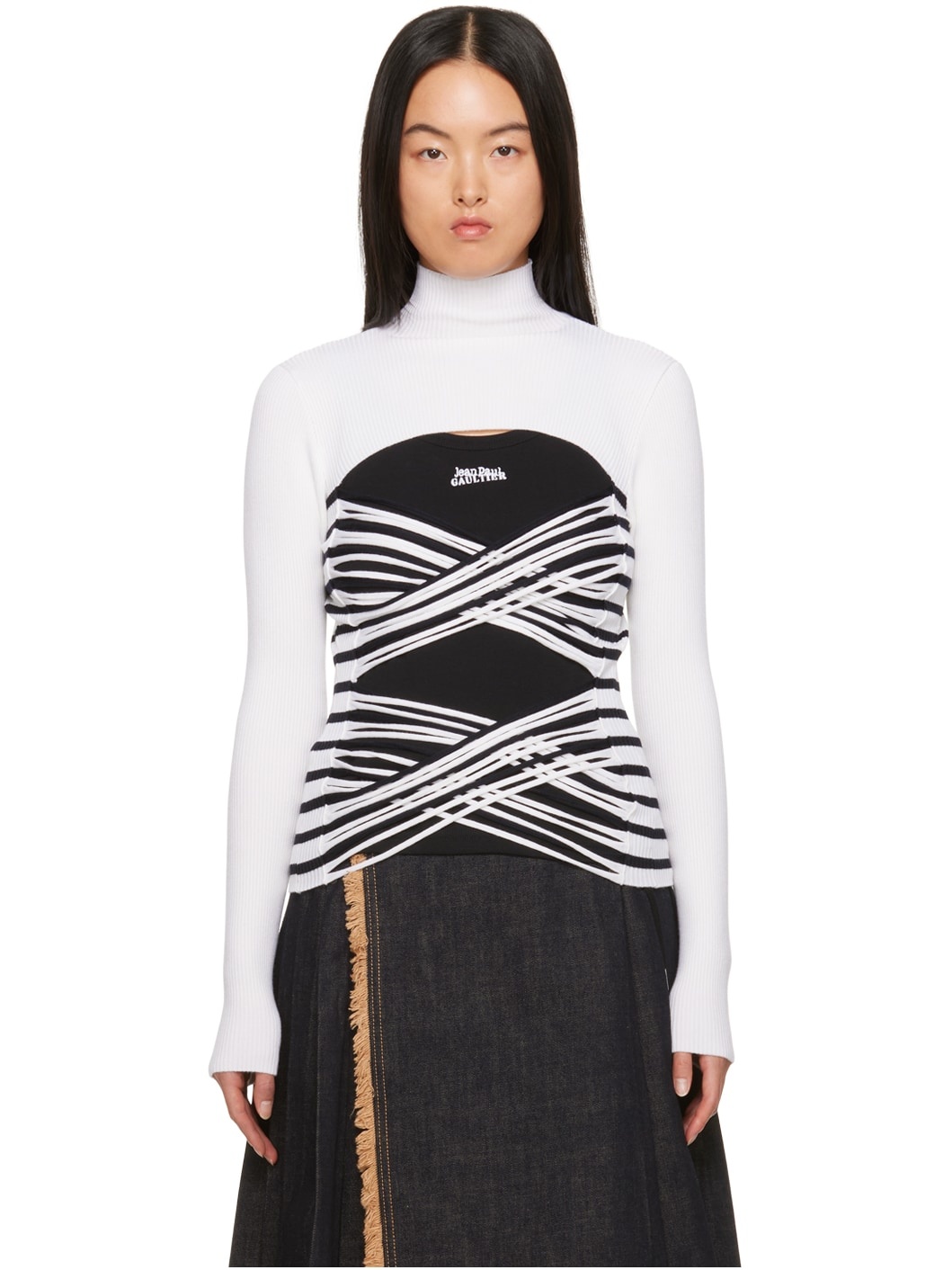 White & Navy Striped Turtleneck - 1