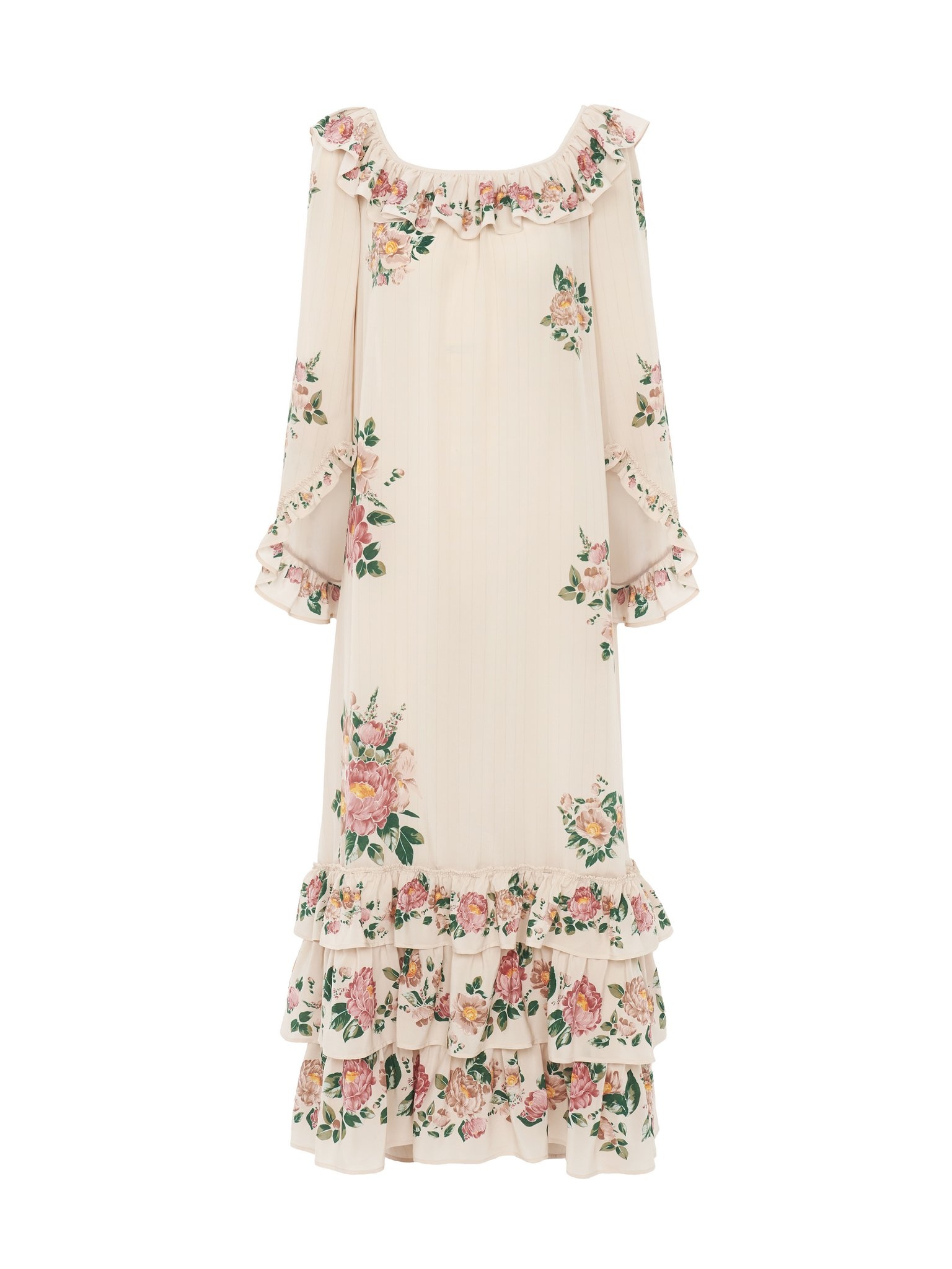 SQUARE-NECK RUFFLED LONG DRESS IN CRÊPE DE CHINE - 1
