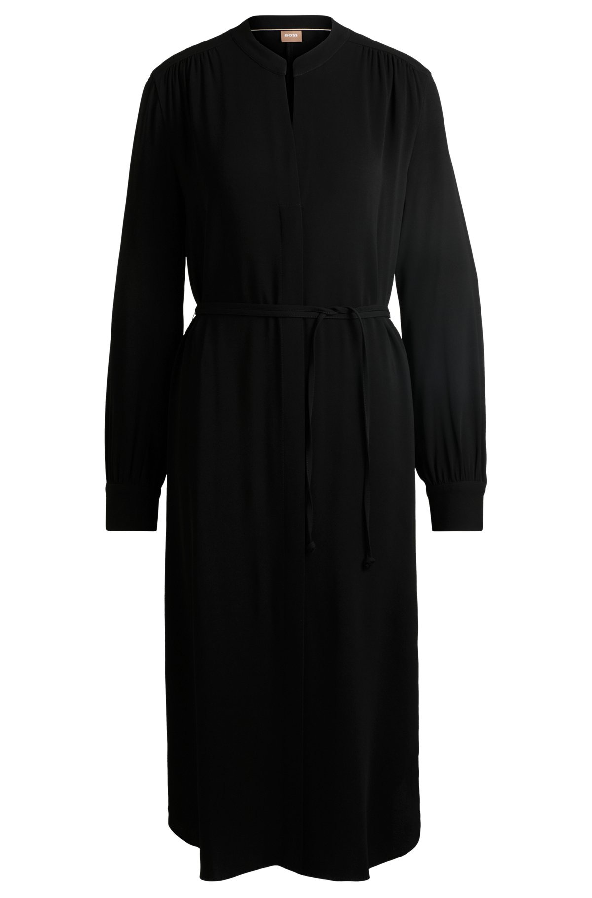 BELTED DRESS WITH COLLARLESS V NECKLINE AND BUTTON CUFFS - 1
