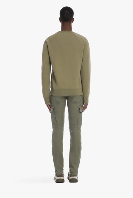 Olive sustainable cotton sweatshirt with small white velvet Balmain Paris logo - 3