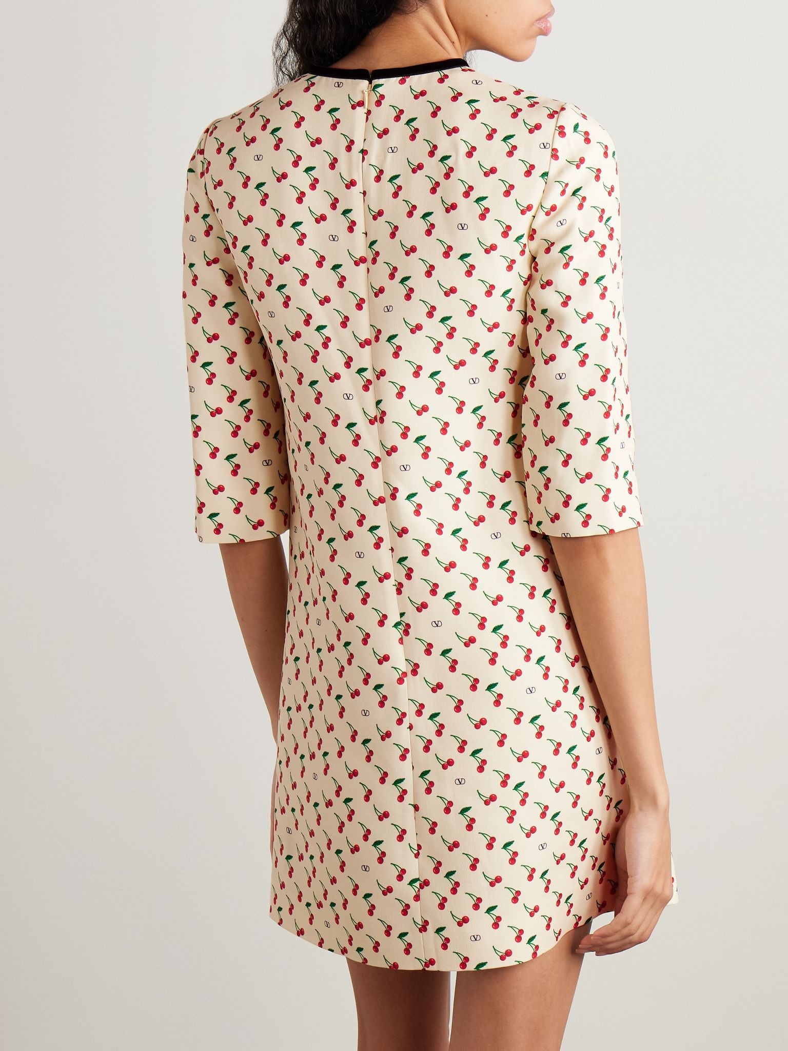 Velvet-trimmed printed wool-blend crepe mini dress Cream - 3