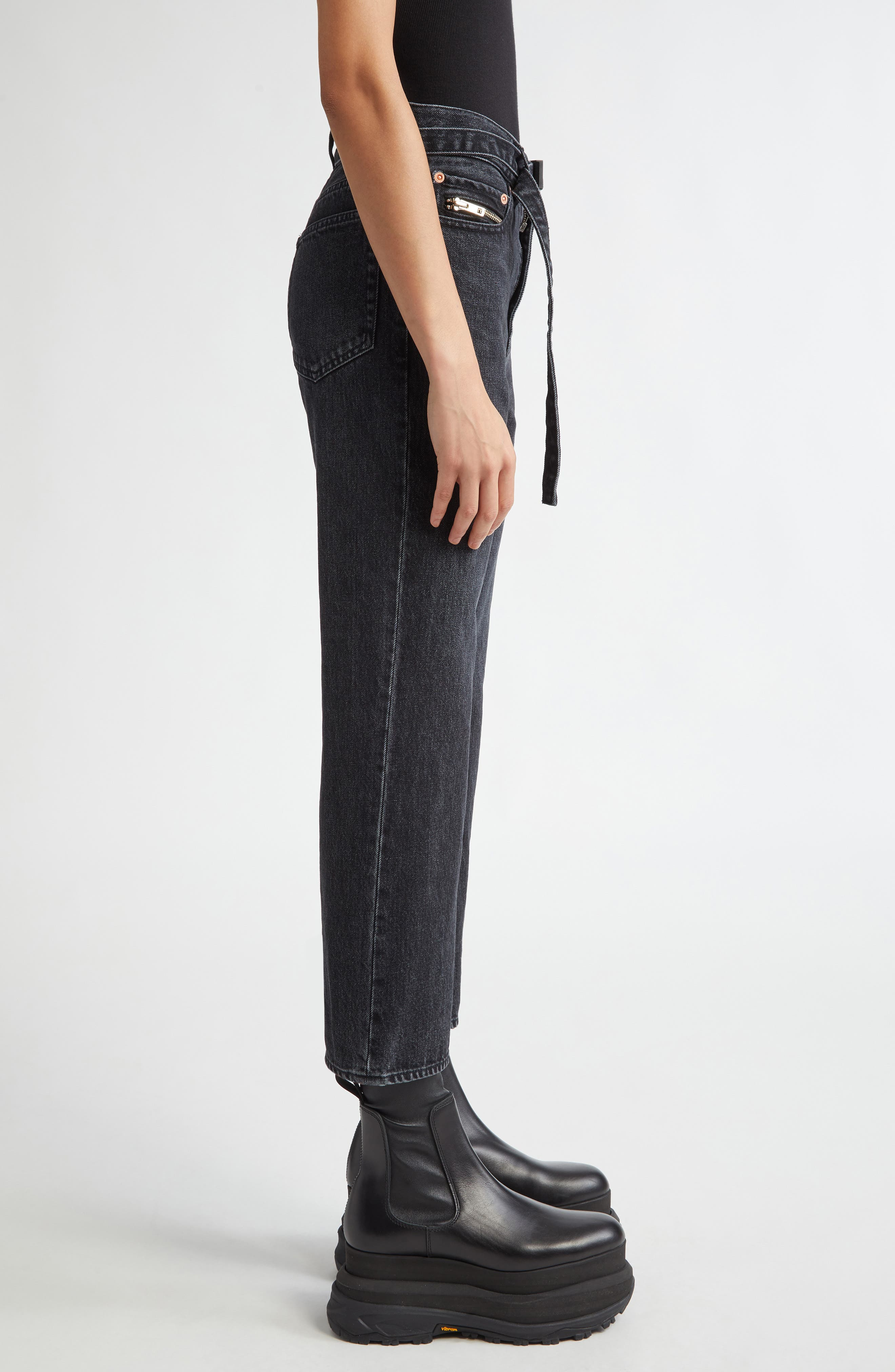 Sacai Belted Crop Bootcut Jeans in Black at Nordstrom - 3