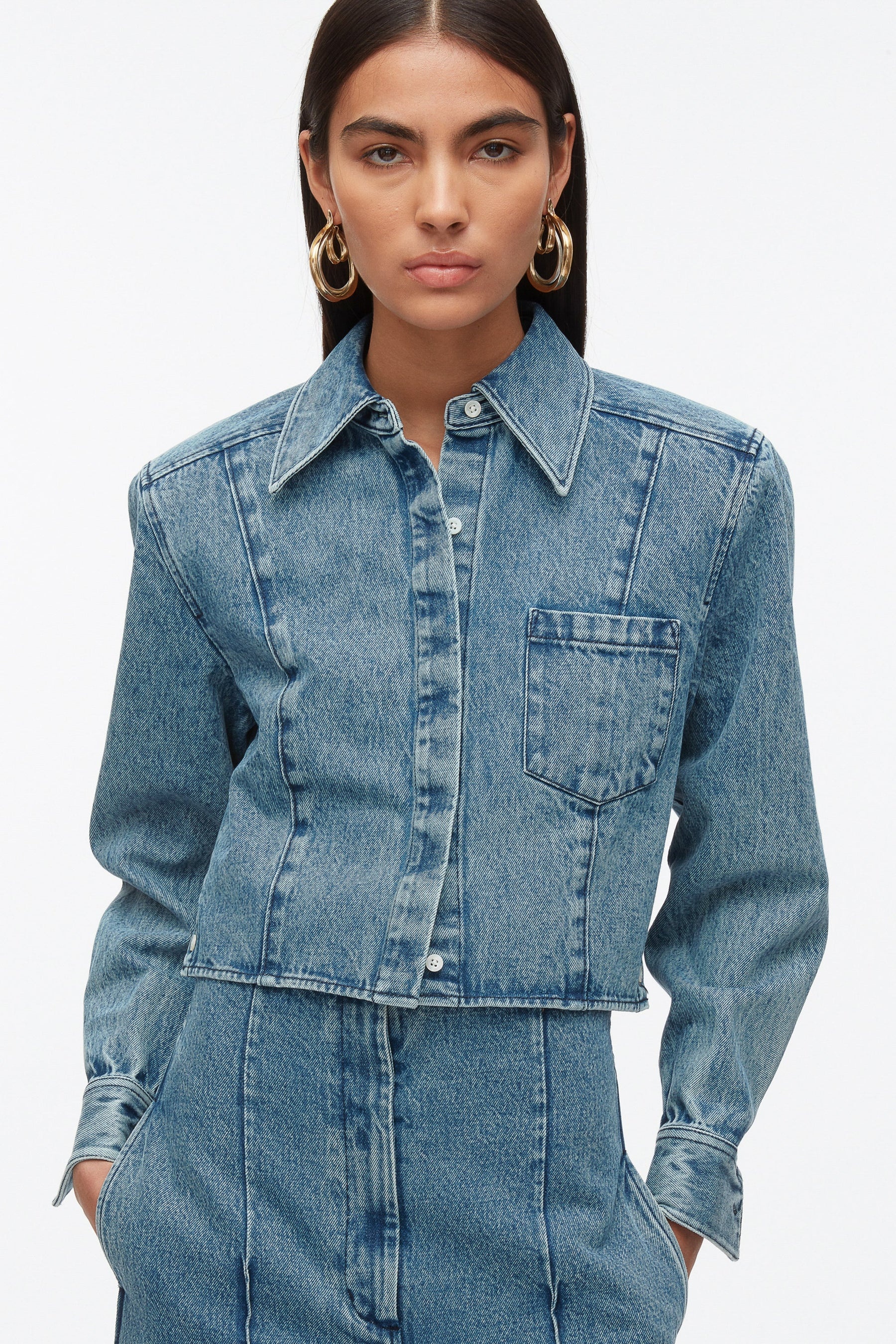 Denim Cropped Shirt with Shoulder Pads - 2
