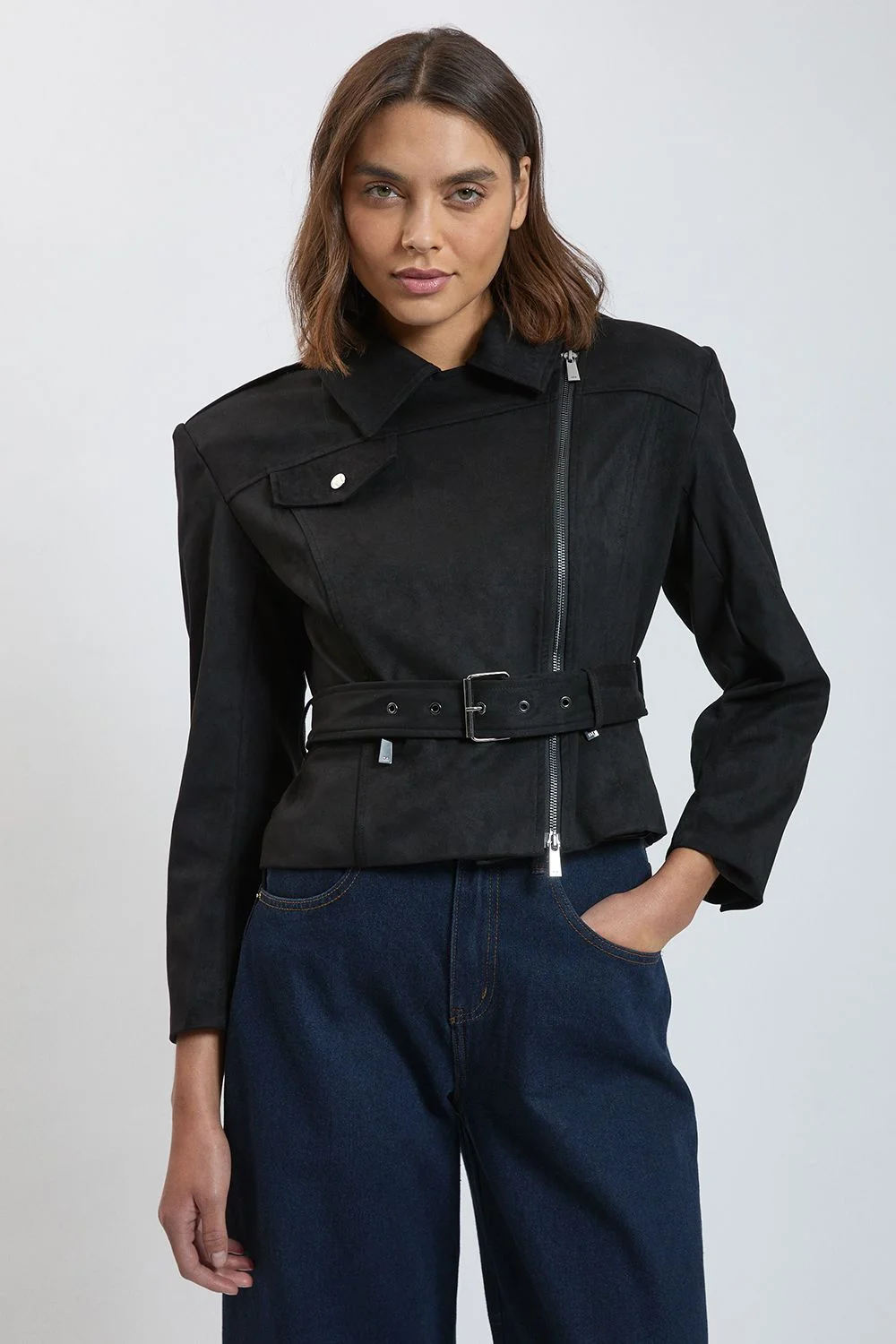 Faux Leather Collared Tie Up Jacket - 1