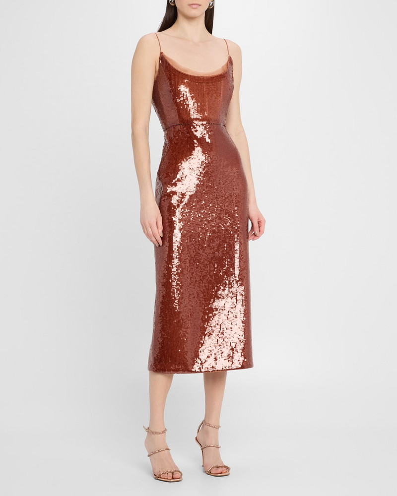 ROLAND MOURET Copper Sequined Midi Dress outlook
