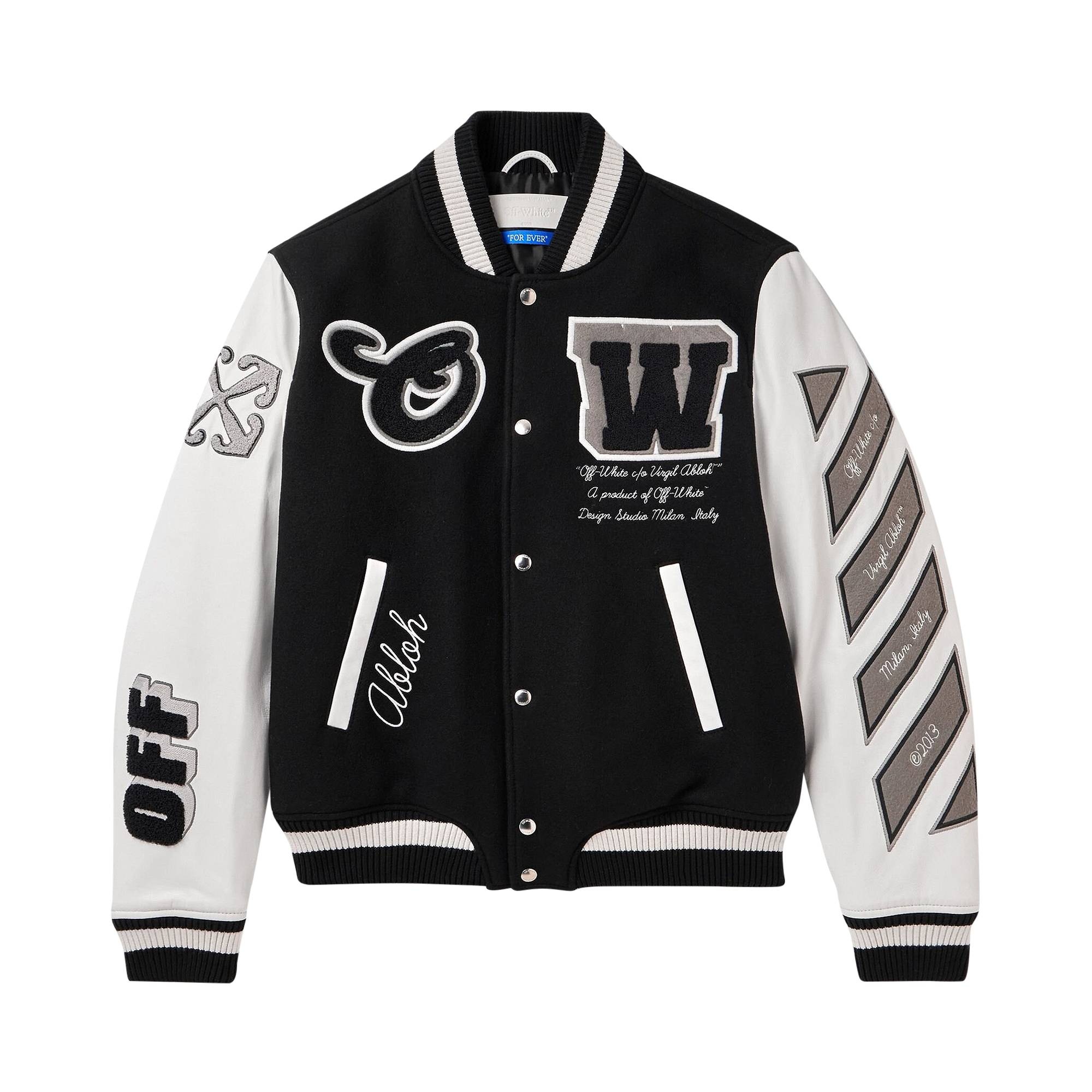 Off-White Leather Wool Varsity Jacket 'Black/Black' - 1