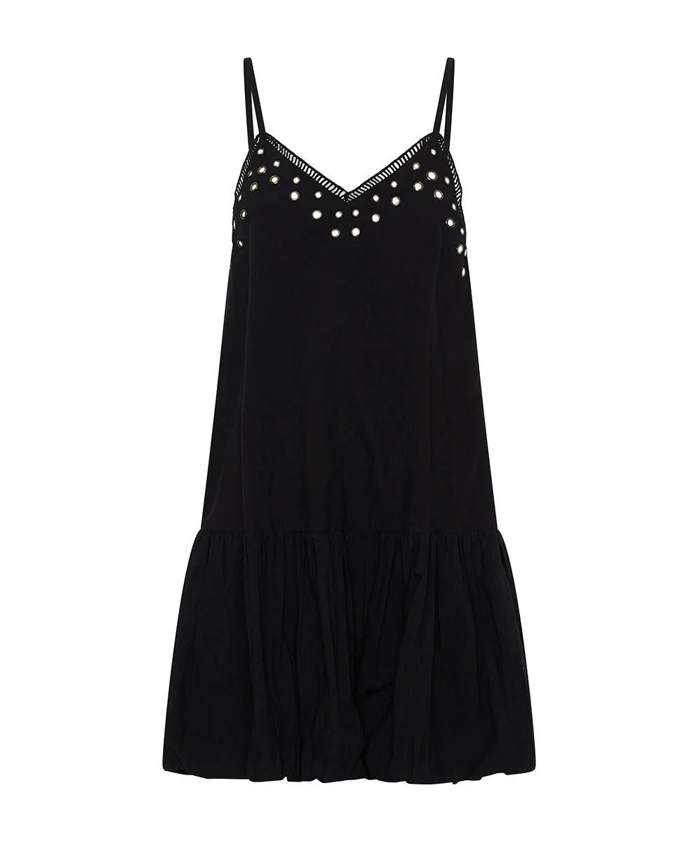 Eyelet Cotton Bubble Hem Mini Dress - Black - 1