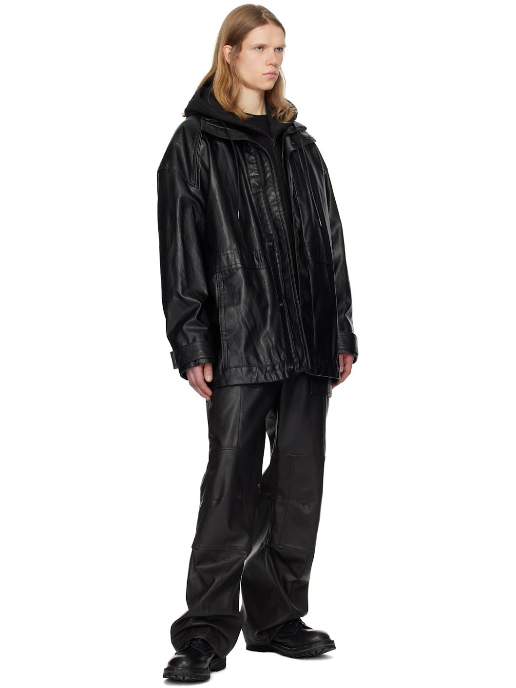 Juun. J Black Hood Detachable Car Faux-Leather Coat - 4