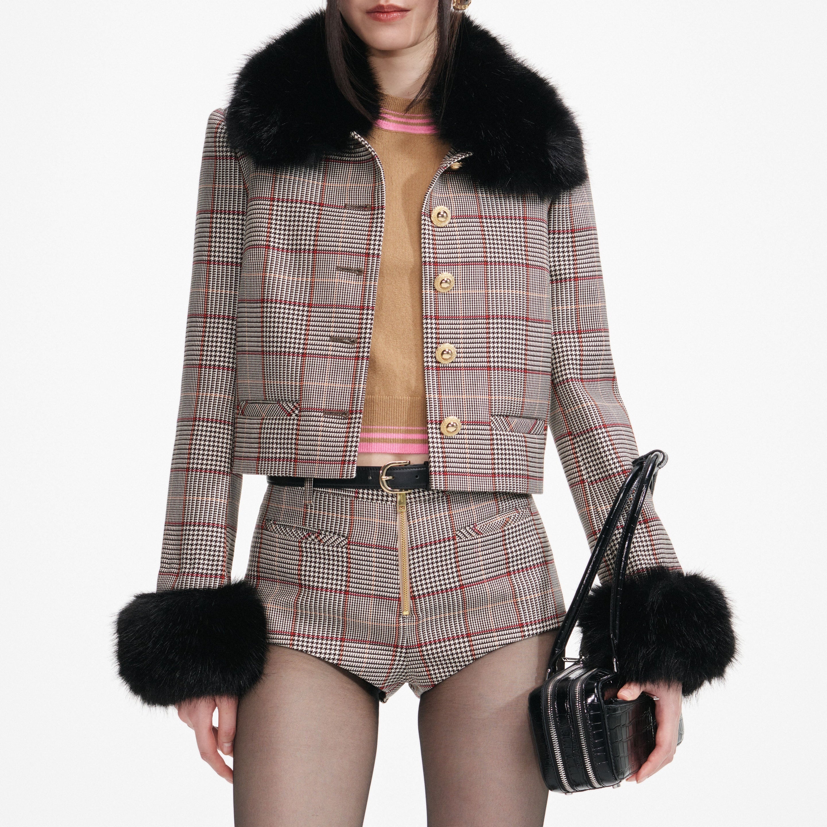 Brown Check Fur Cuff Jacket - 4