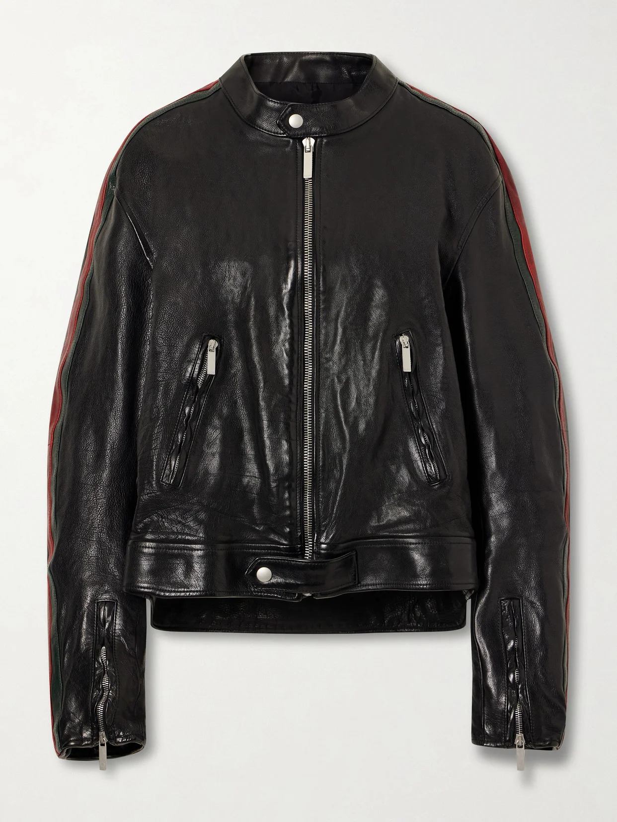 Biker Web-trimmed Full-grain Leather Jacket - 1