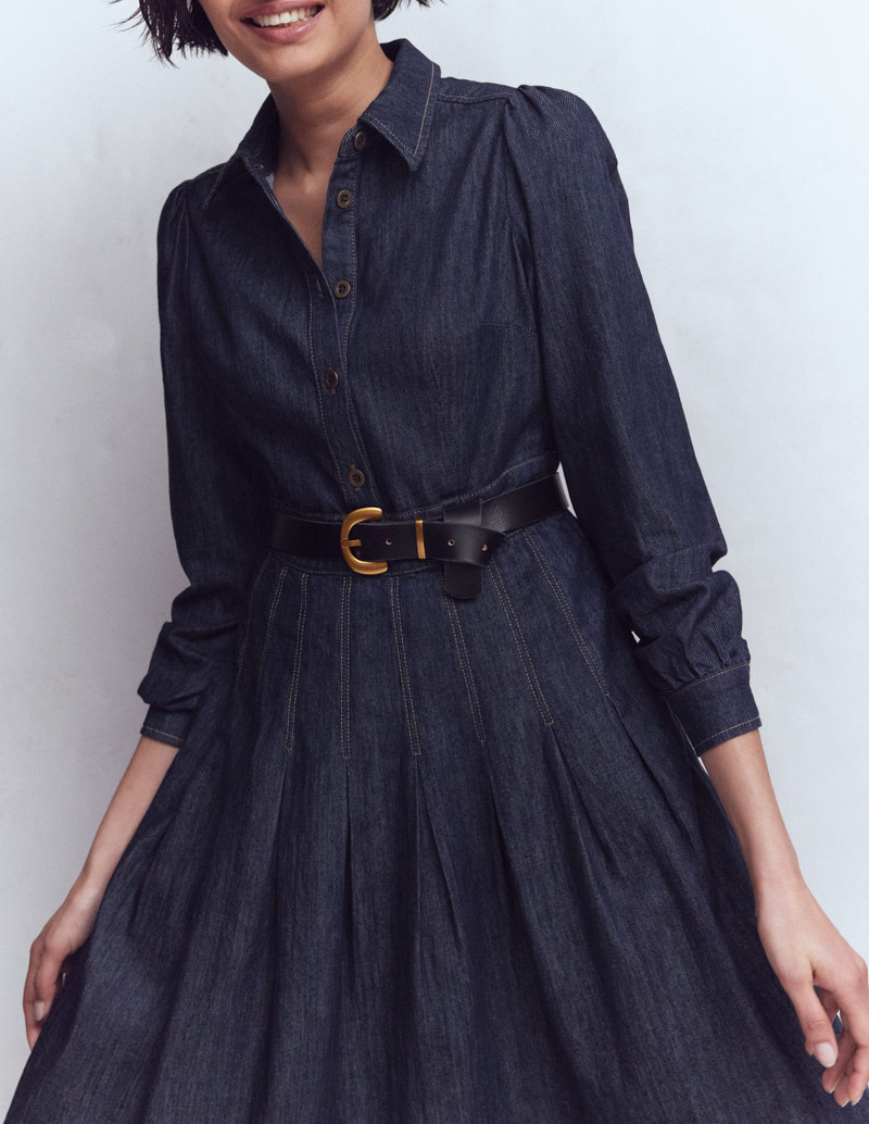 Pleat Skirt Denim Midi Dress-Indigo Wash 4