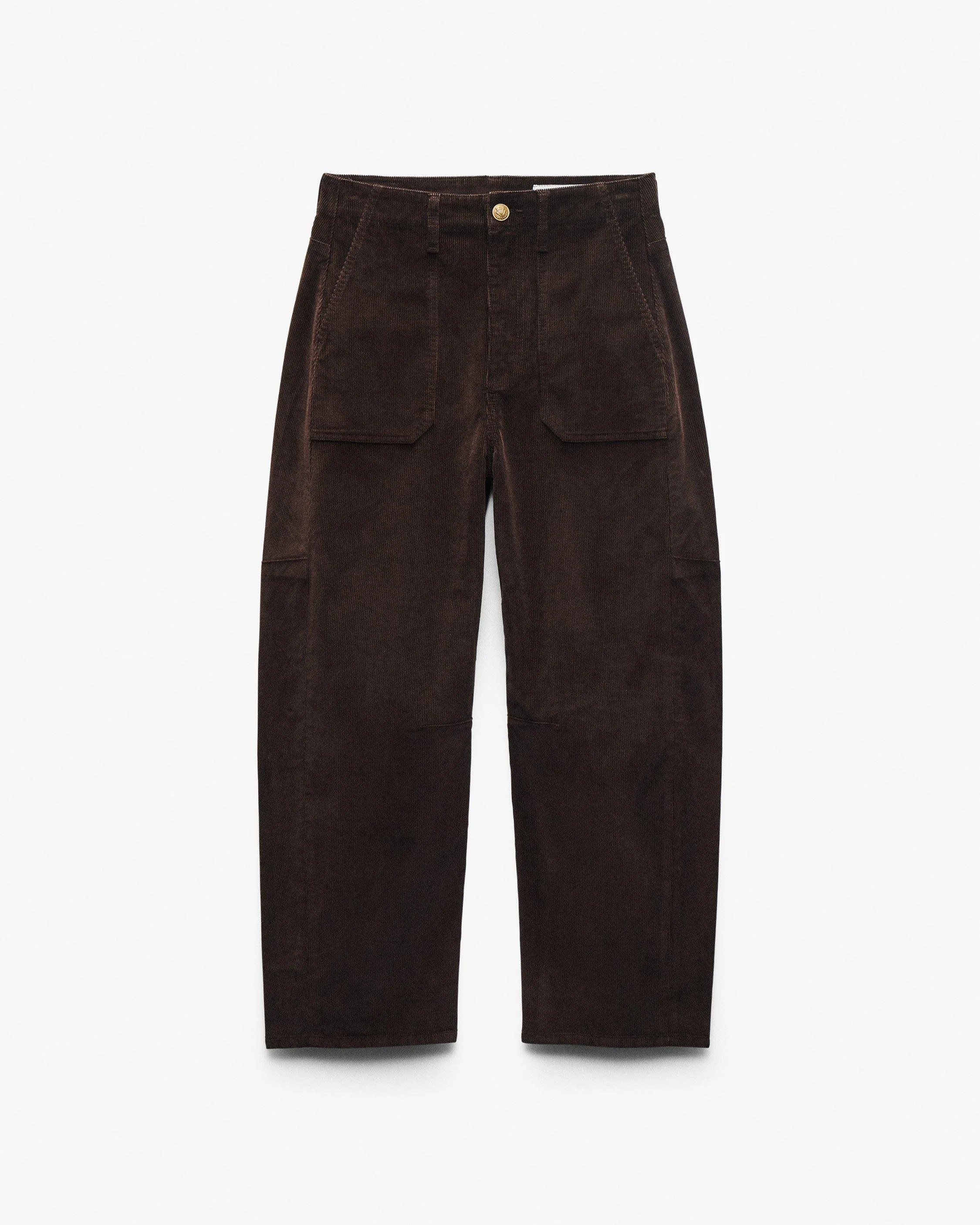 Charlie Ankle Barrel Corduroy Pants
Stretch Corduroy in Dark Brown - 1