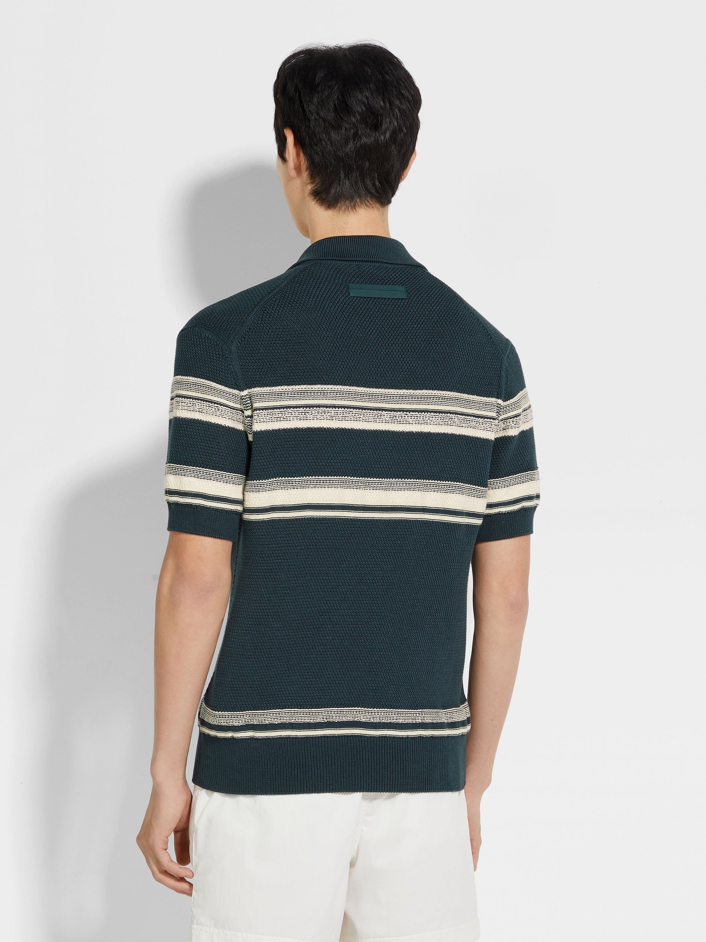 DARK TEAL BLUE LIGHT YELLOW AND WHITE COTTON AND SILK POLO SHIRT - 5