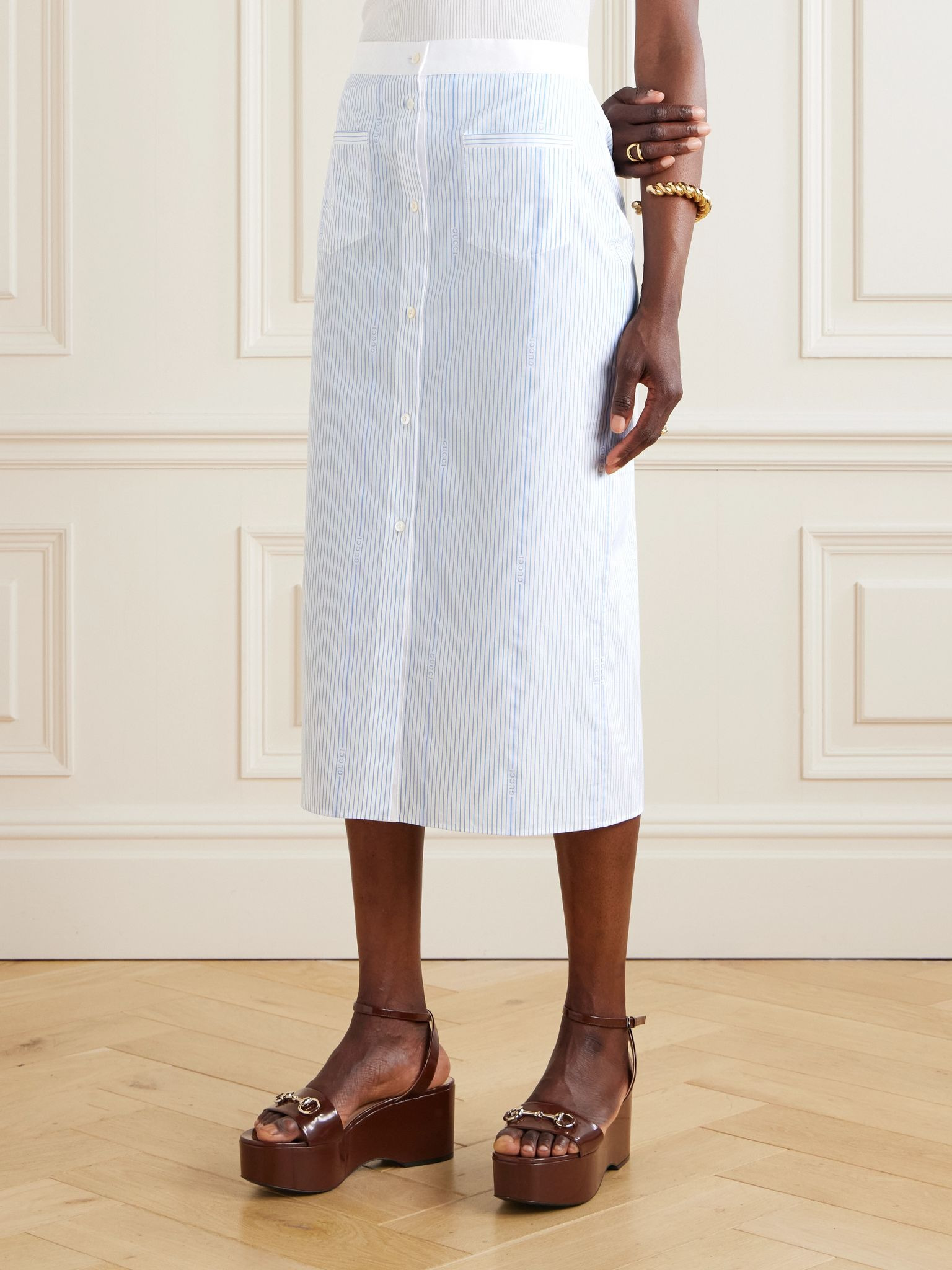 Lido striped cotton-poplin midi skirt Blue - 3