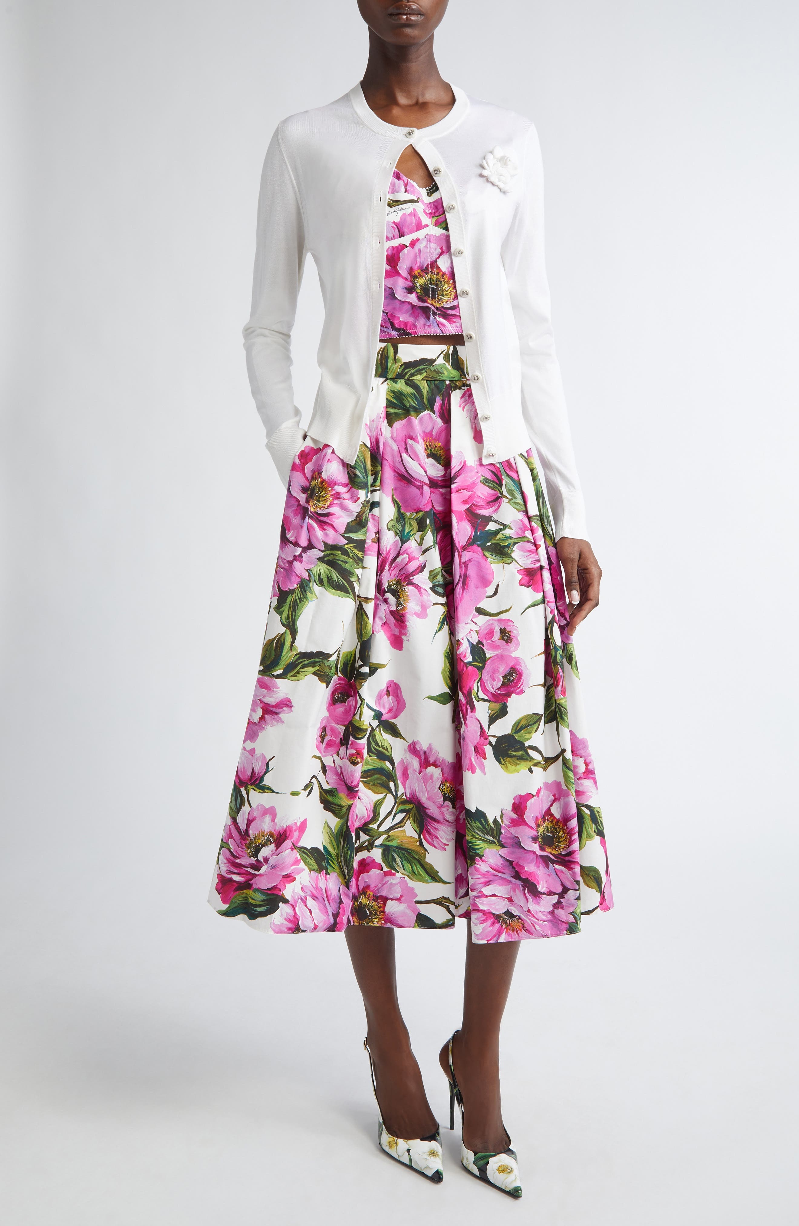Dolce&Gabbana Floral Appliqué Silk Crewneck Cardigan in Bianco Ottico at Nordstrom - 2