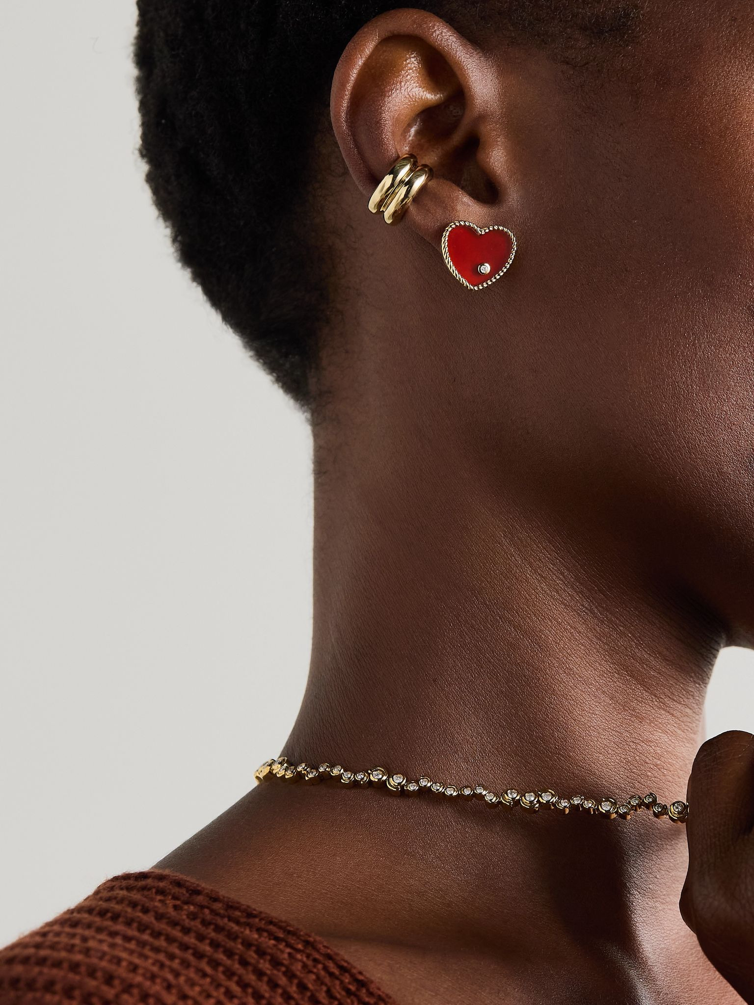 Cœur 9-karat gold, agate and diamond earrings Red - 4