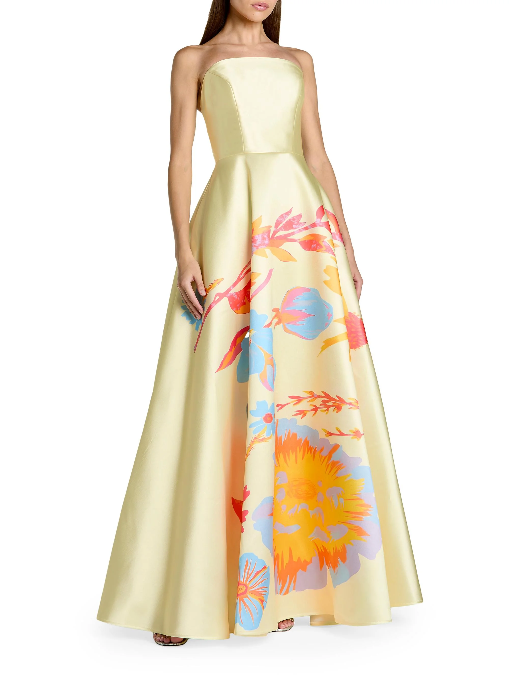 Women's Floral Mikado A-Line Strapless Gown - Butter Multi - 1
