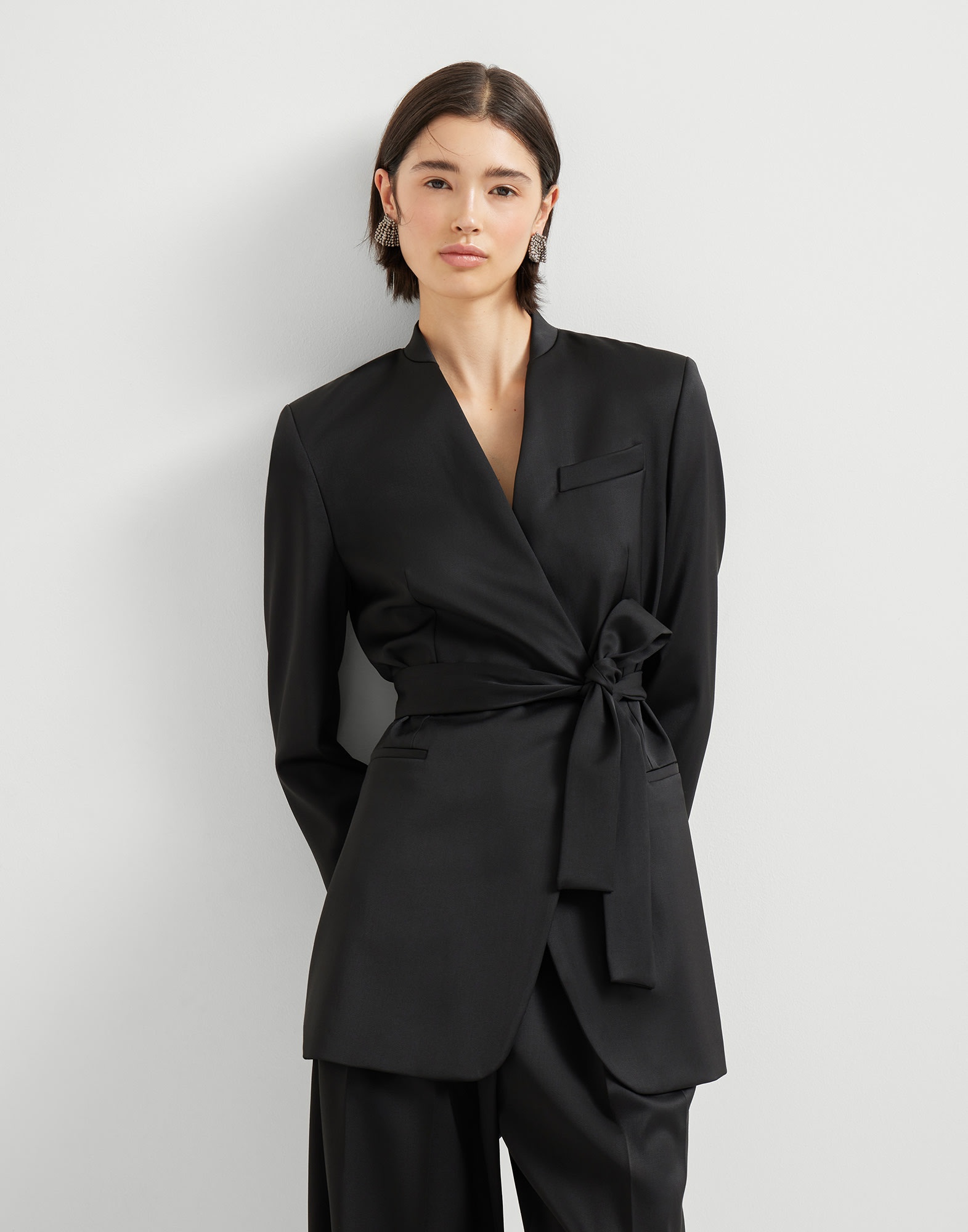 Virgin wool stretch satin belted blazer with monili - 4